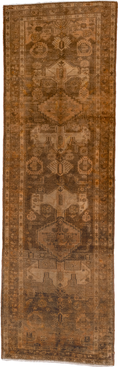 3' x 10' one-of-a-kind handmade antique Malayer runner rug. Color palette: brown, camel, taupe, tan, charcoal, ochre, beige