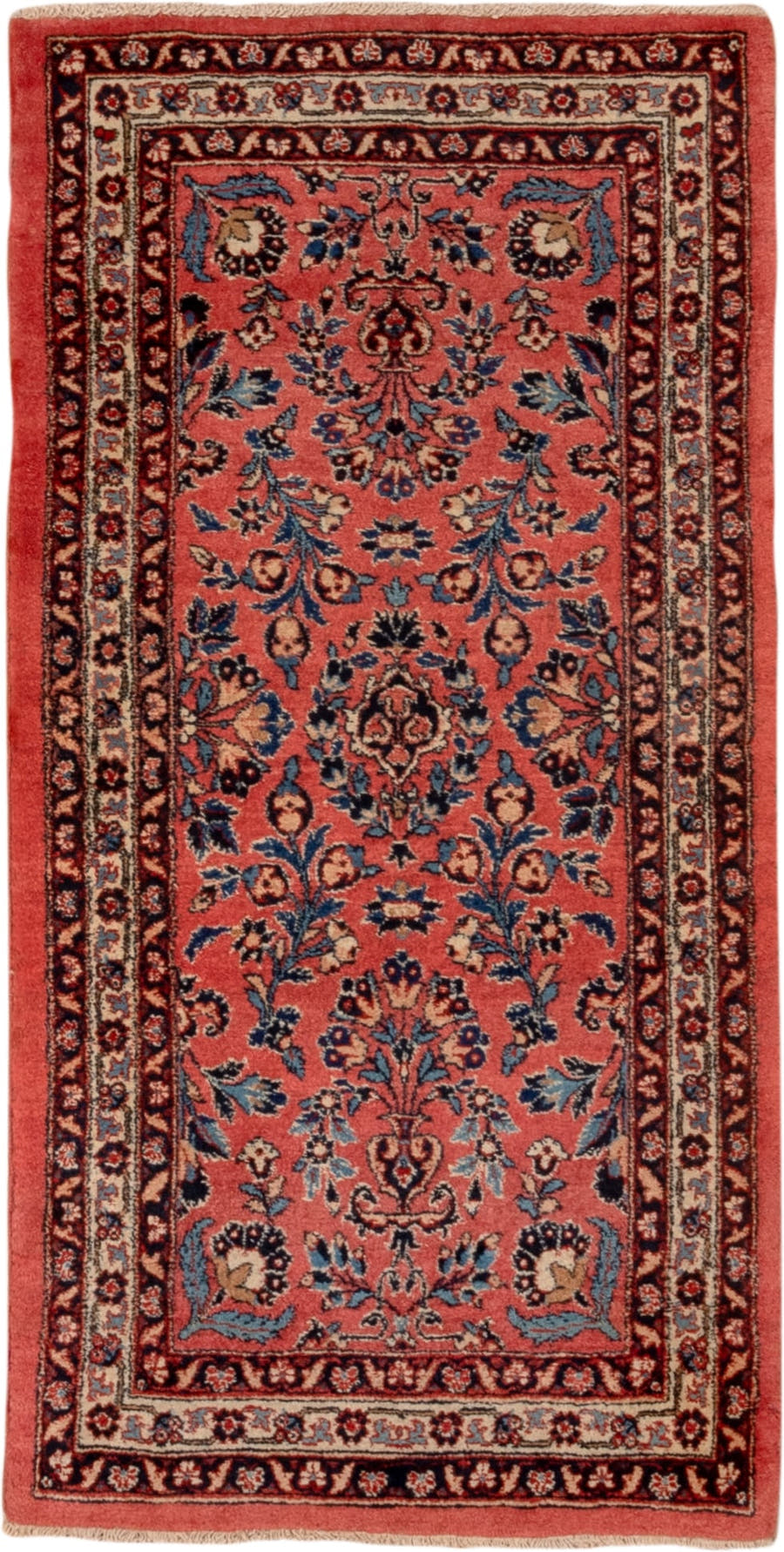 2' x 4' one-of-a-kind handmade antique Kashan small size rug. Color palette: rose, navy, ivory, burgundy, sky_blue, coral