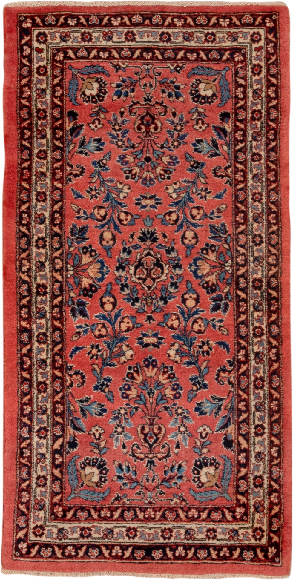 2' x 4' one-of-a-kind handmade antique Kashan small size rug. Color palette: rose, navy, ivory, burgundy, sky_blue, coral