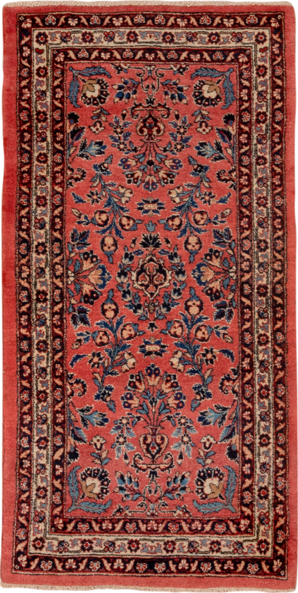 2' x 4' one-of-a-kind handmade antique Kashan small size rug. Color palette: rose, navy, ivory, burgundy, sky_blue, coral