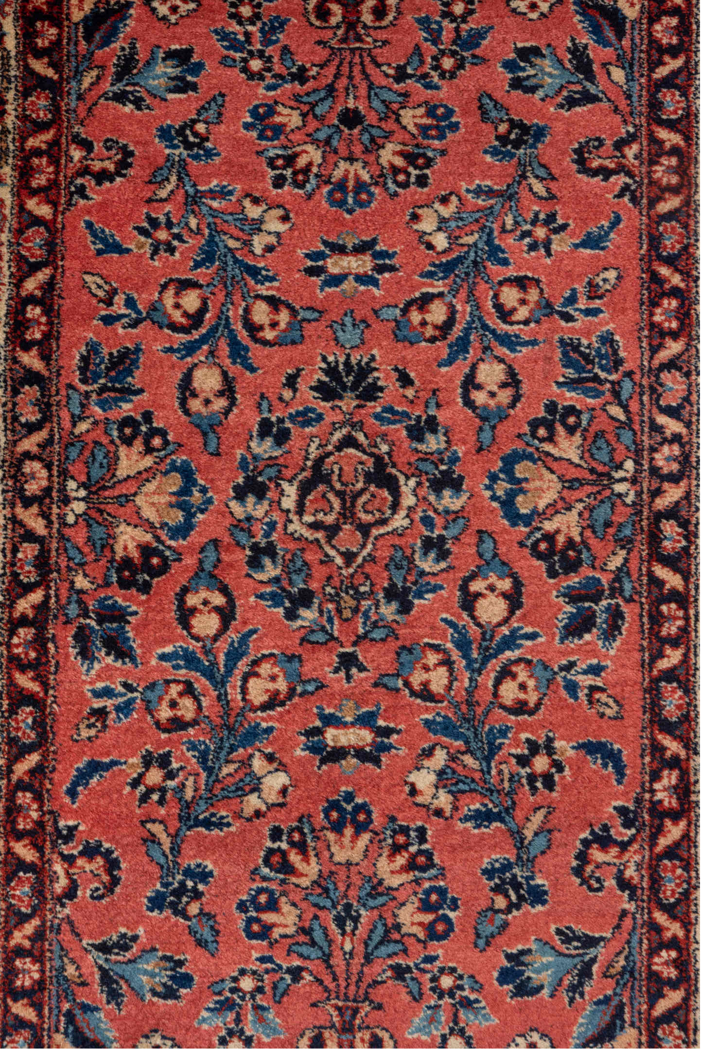 2' x 4' one-of-a-kind handmade antique Kashan small size rug. Color palette: rose, navy, ivory, burgundy, sky_blue, coral
