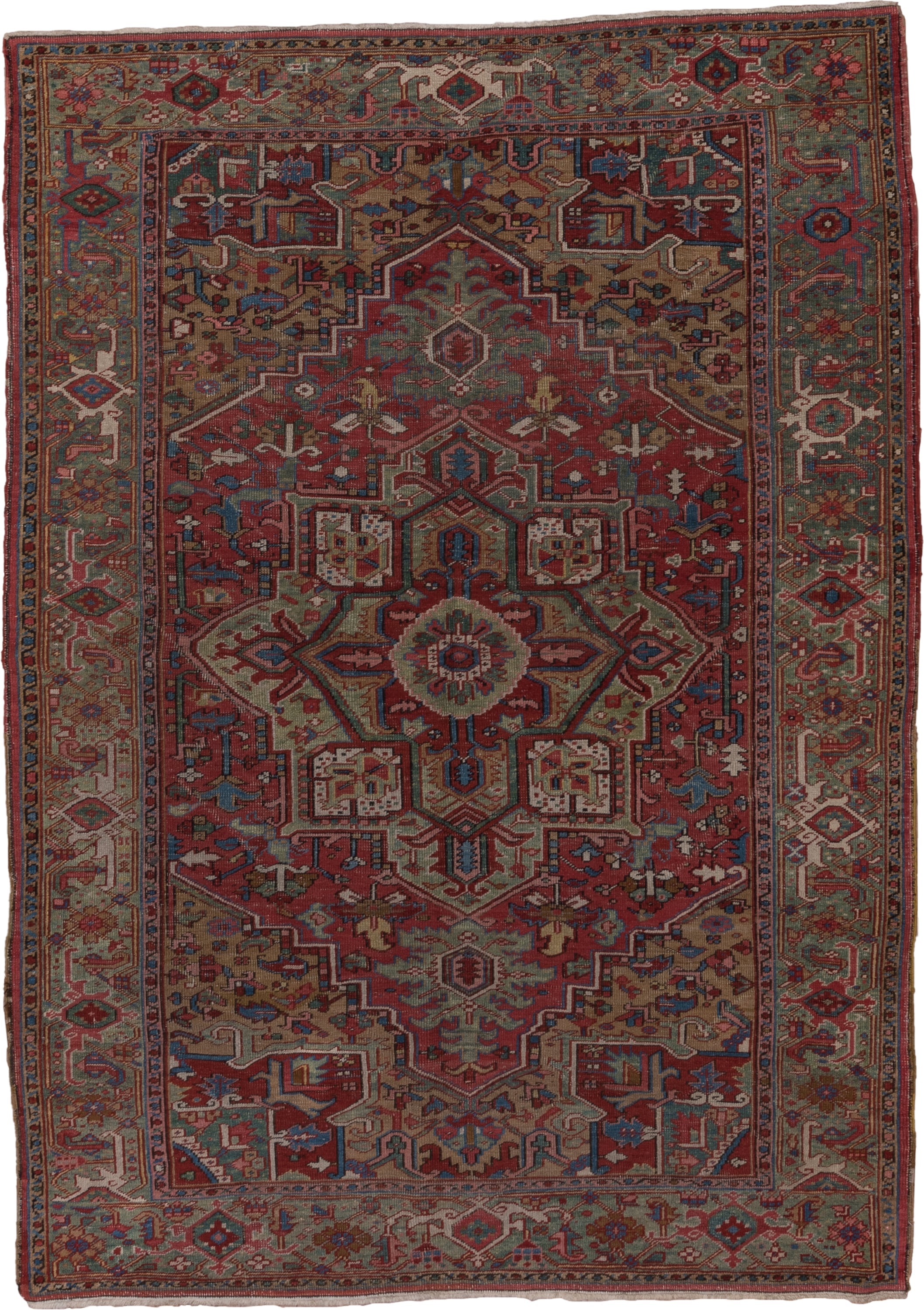 6' x 8' one-of-a-kind handmade antique Heriz medium size rug. Color palette: rust, sage, ivory, navy, rose, taupe, slate