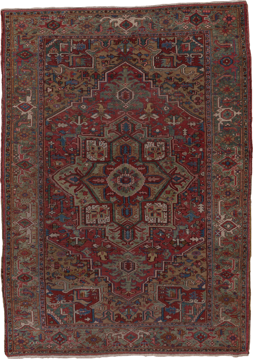 6' x 8' one-of-a-kind handmade antique Heriz medium size rug. Color palette: rust, sage, ivory, navy, rose, taupe, slate
