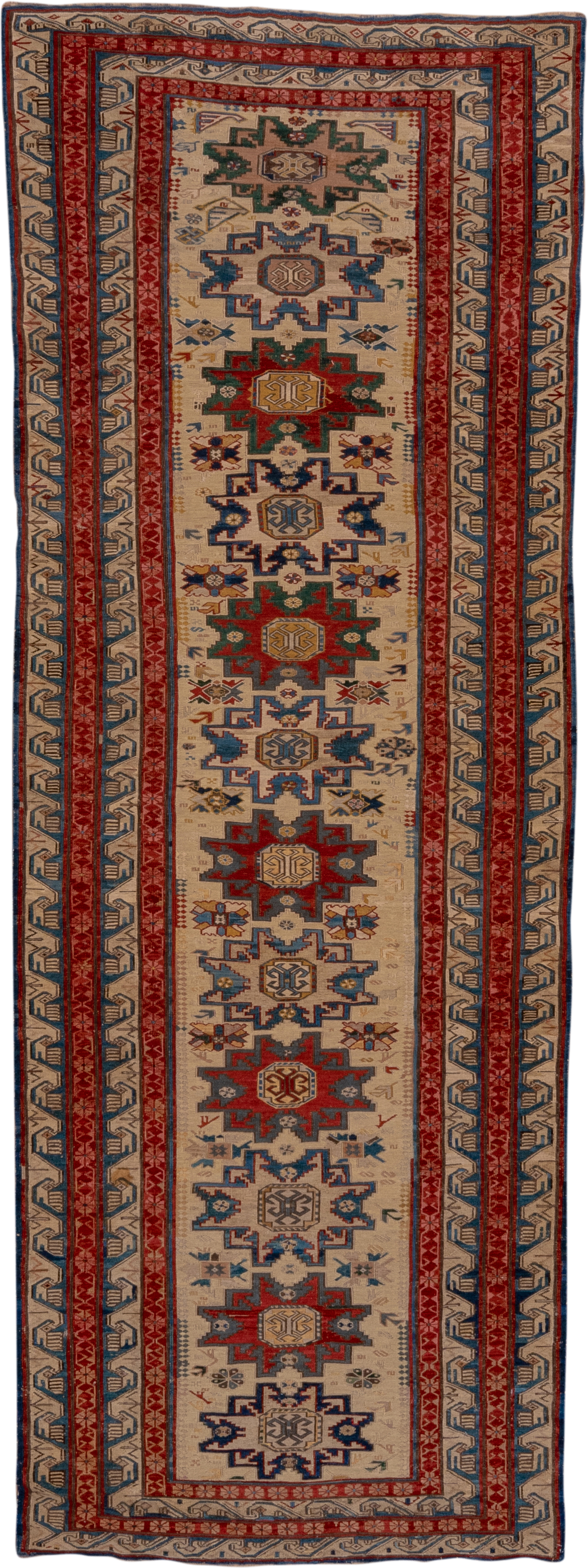 3' x 8' one-of-a-kind handmade antique Sumak runner rug. Color palette: ivory, rust, indigo, blue, gold, sage, camel