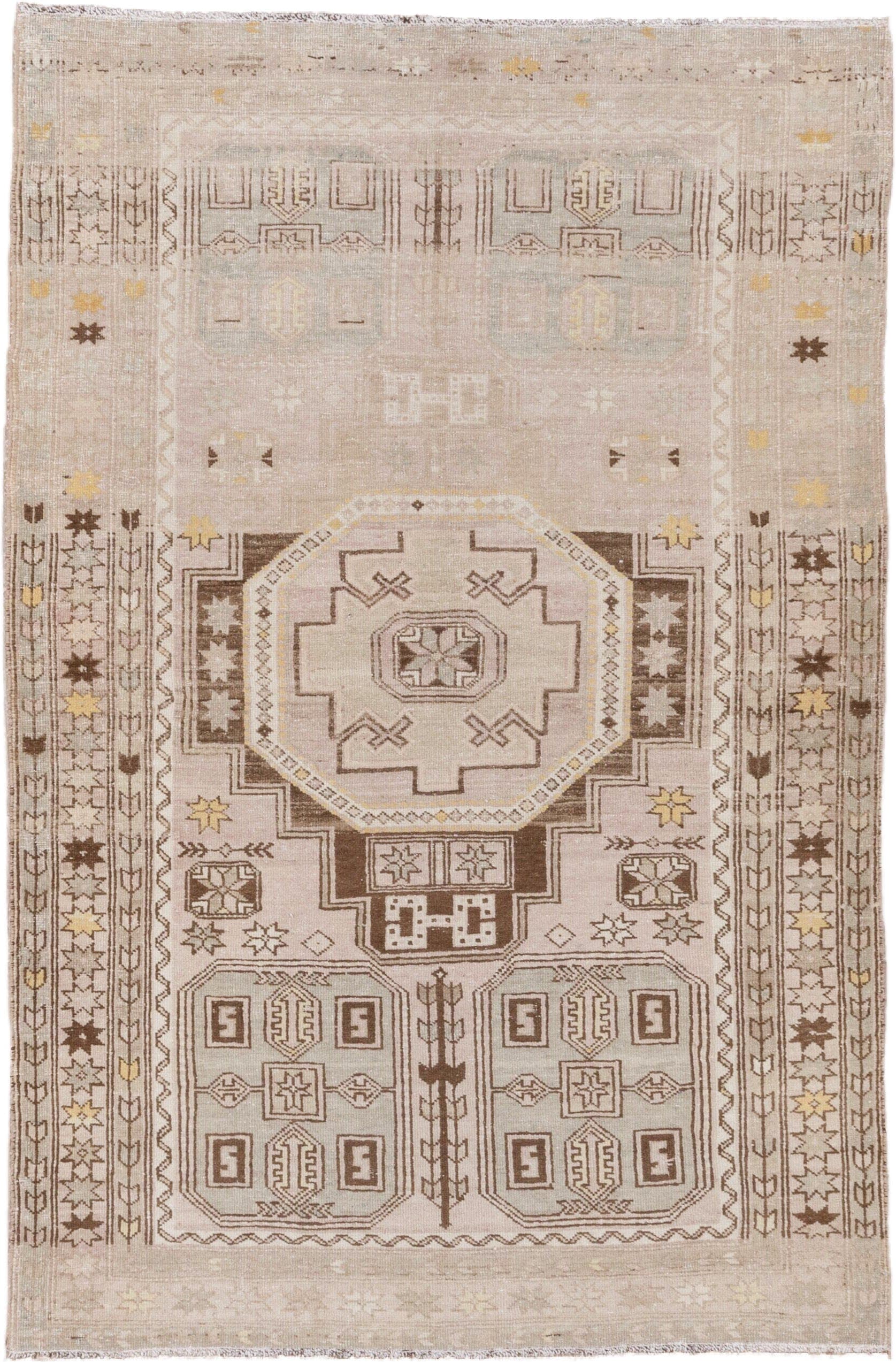 4' x 6' one-of-a-kind handmade antique Trans Caucasian small size rug. Color palette: ivory, taupe, brown, gold, beige, gray