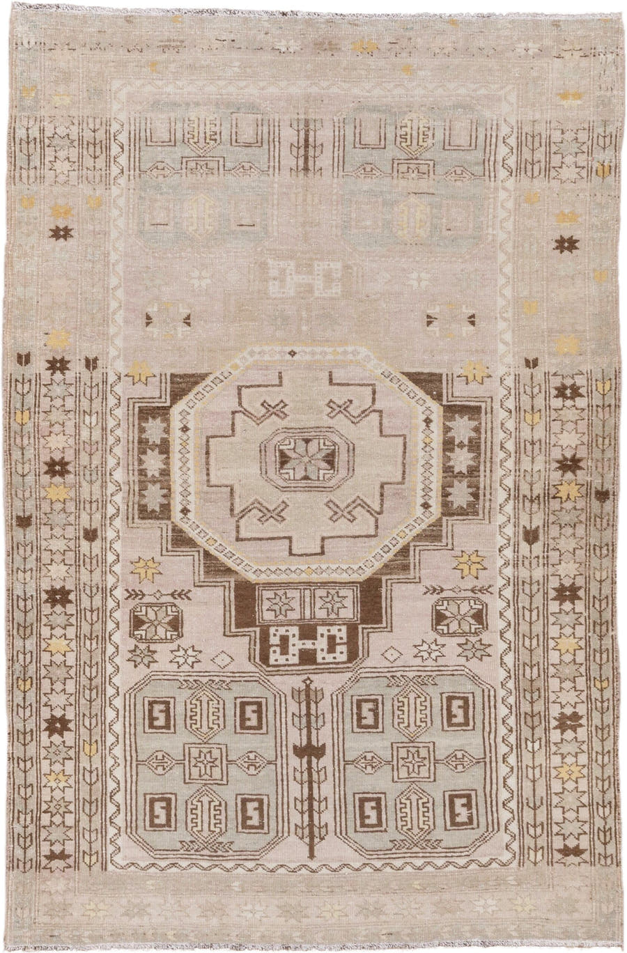 4' x 6' one-of-a-kind handmade antique Trans Caucasian small size rug. Color palette: ivory, taupe, brown, gold, beige, gray
