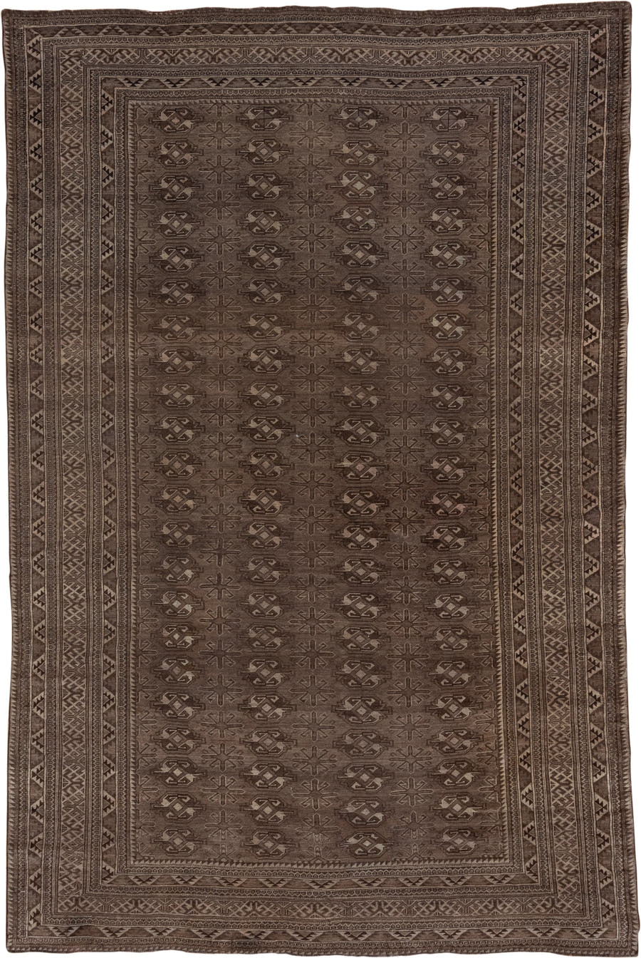 8' x 12' one-of-a-kind handmade antique Afghan large size rug. Color palette: brown, taupe, charcoal, camel, ivory, beige