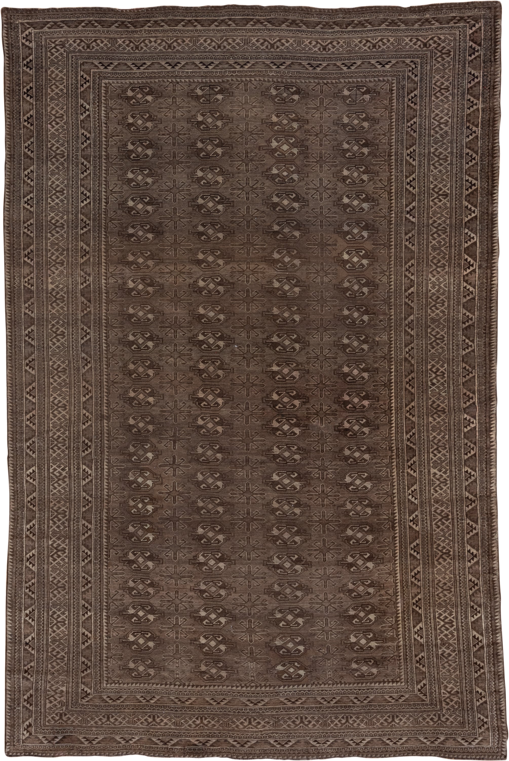 8' x 12' one-of-a-kind handmade antique Afghan large size rug. Color palette: brown, taupe, charcoal, camel, ivory, beige