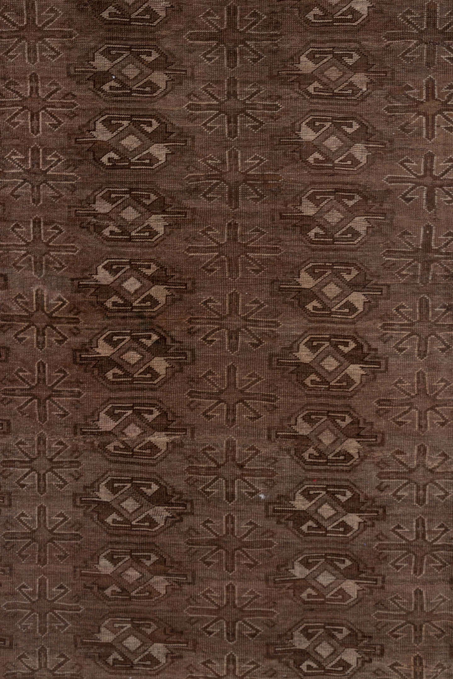 8' x 12' one-of-a-kind handmade antique Afghan large size rug. Color palette: brown, taupe, charcoal, camel, ivory, beige