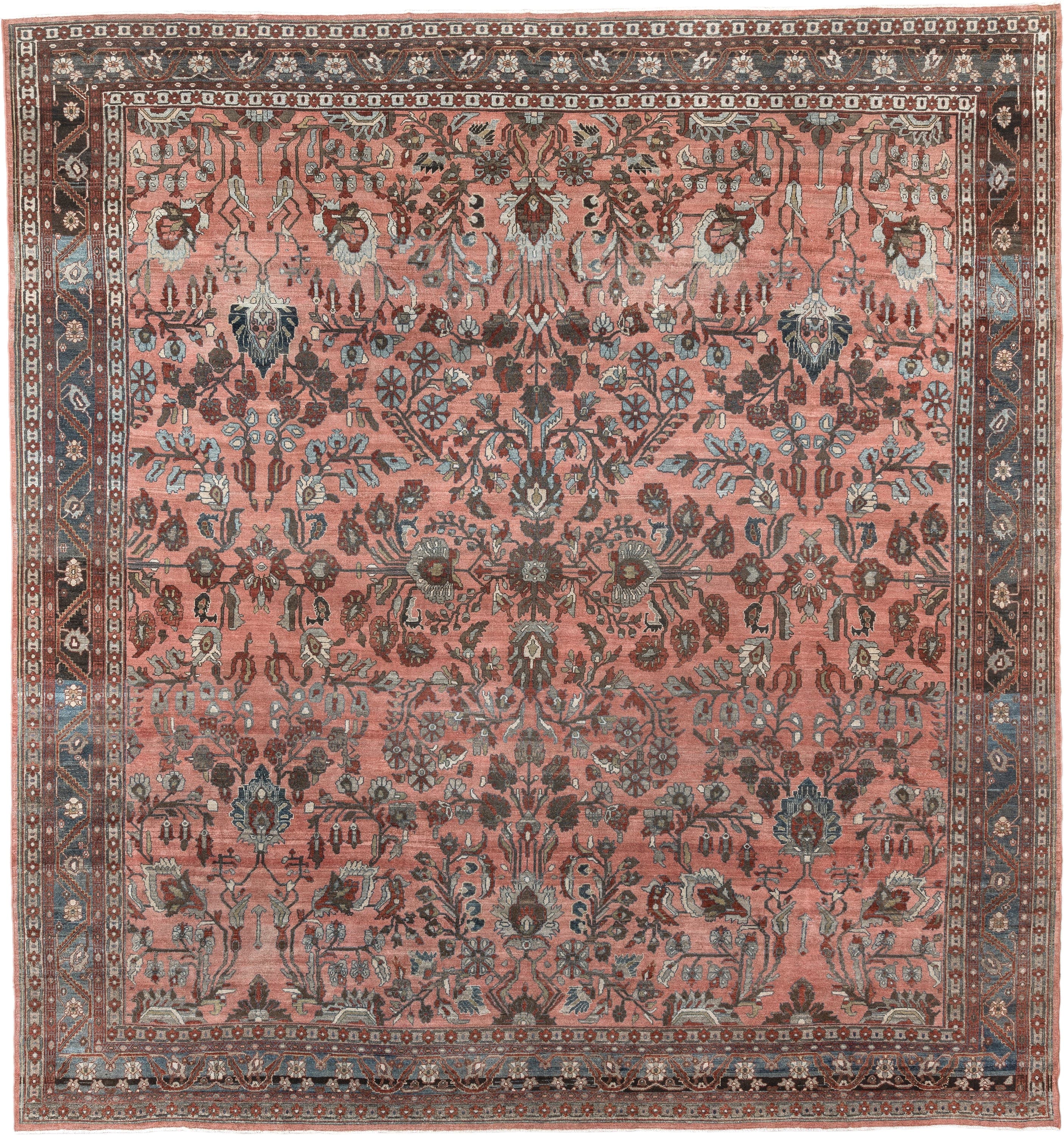 12' x 13' one-of-a-kind handmade antique Lilian oversize rug. Color palette: rose, indigo, ivory, brown, slate, terra cotta