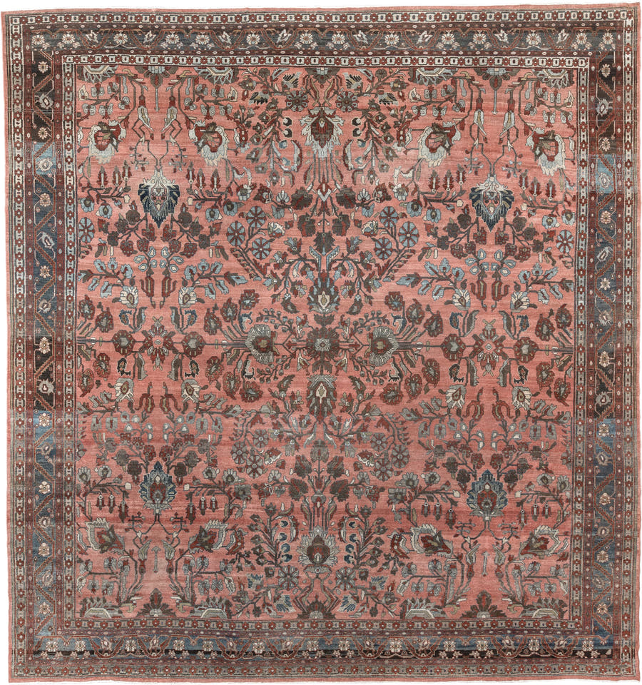 12' x 13' one-of-a-kind handmade antique Lilian oversize rug. Color palette: rose, indigo, ivory, brown, slate, terra cotta