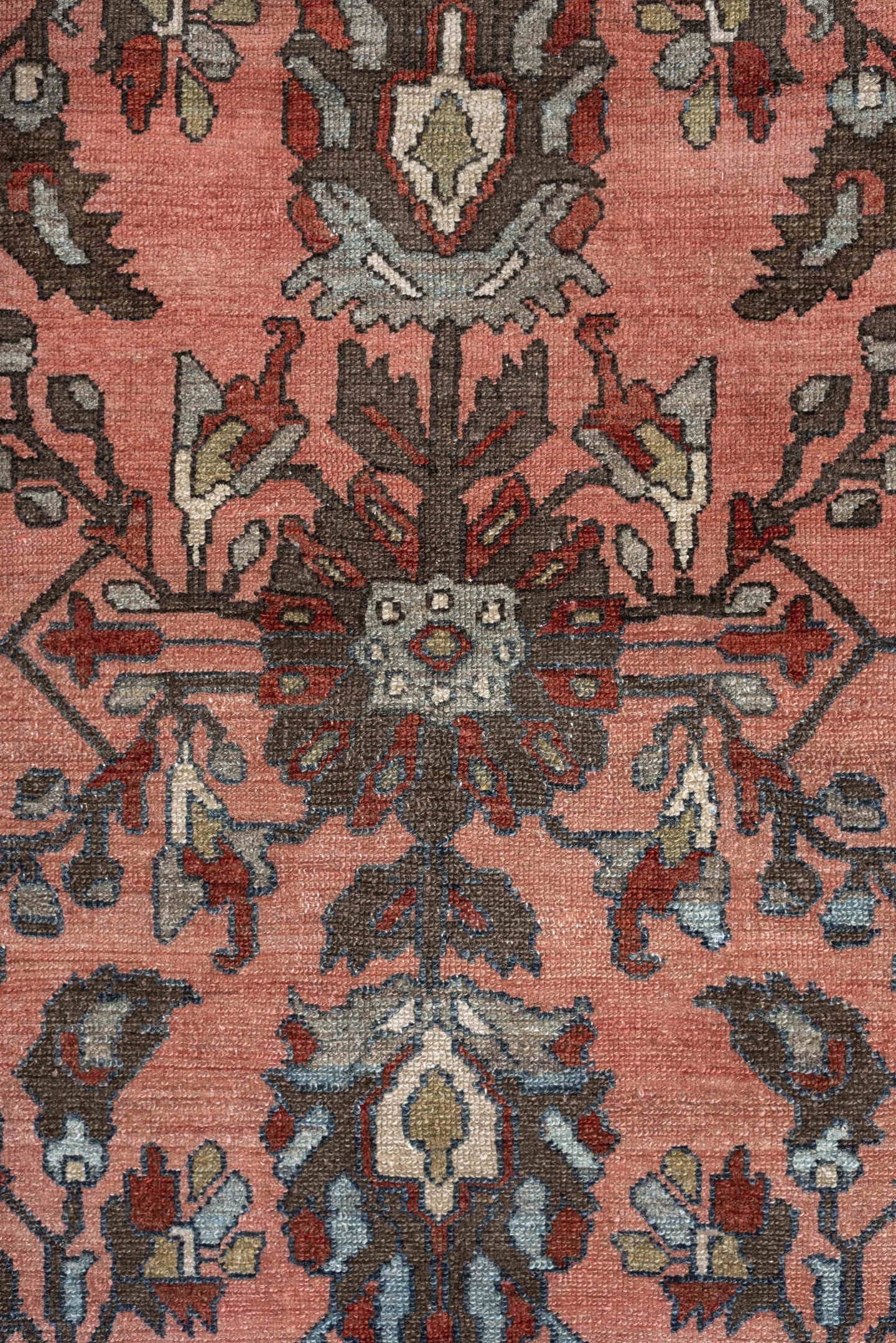 12' x 13' one-of-a-kind handmade antique Lilian oversize rug. Color palette: rose, indigo, ivory, brown, slate, terra cotta