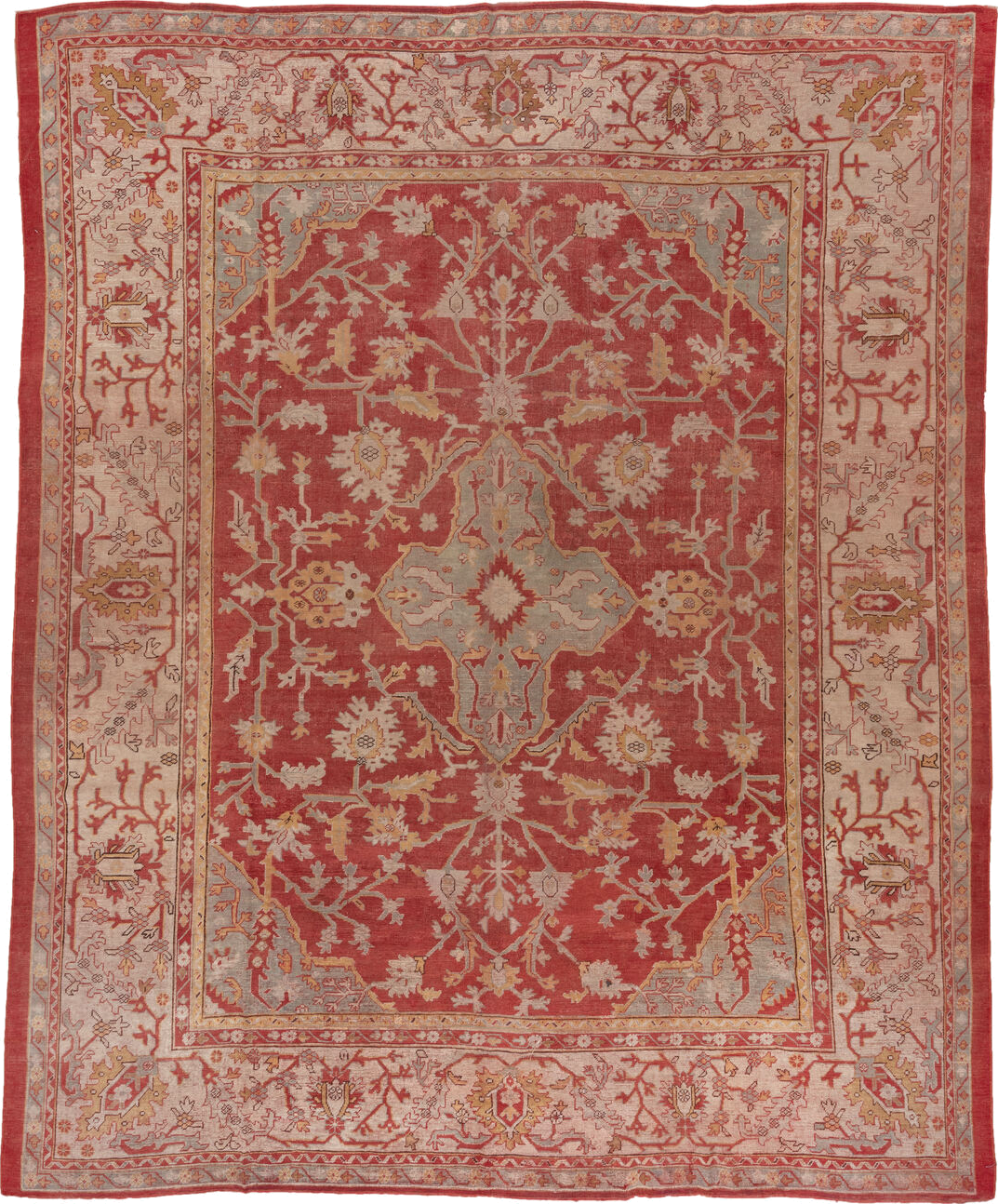 11' x 13' one-of-a-kind handmade antique Oushak oversize rug. Color palette: terra cotta, ivory, sage, gold, rust, blush