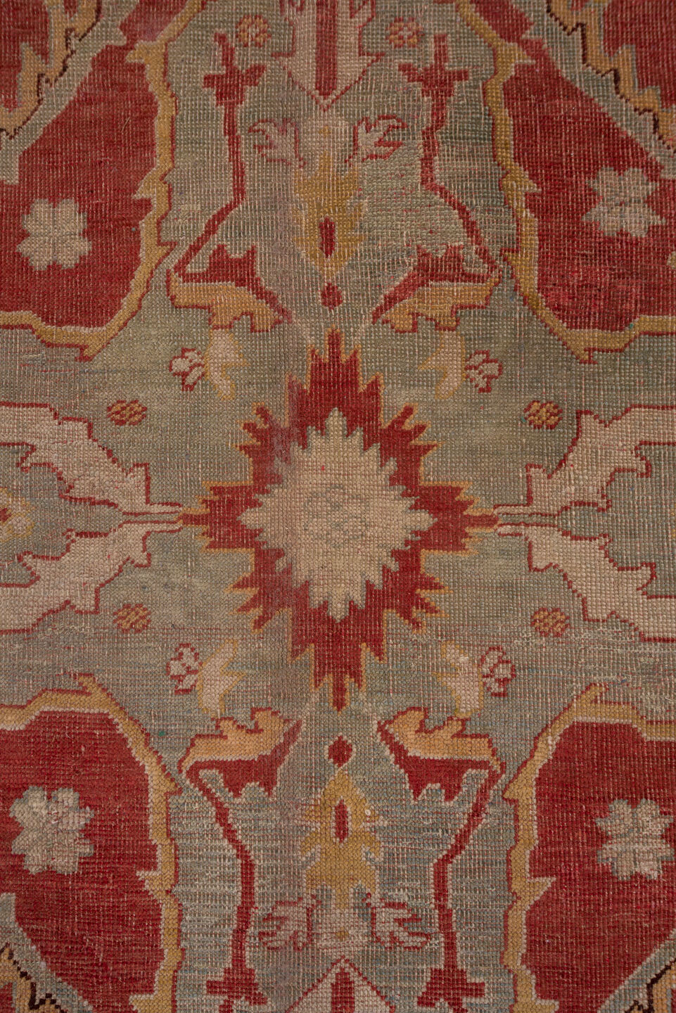 11' x 13' one-of-a-kind handmade antique Oushak oversize rug. Color palette: terra cotta, ivory, sage, gold, rust, blush