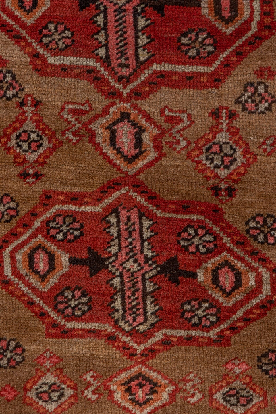 3' x 10' one-of-a-kind handmade antique Sarab runner rug. Color palette: rust, camel, ivory, brick, brown, charcoal