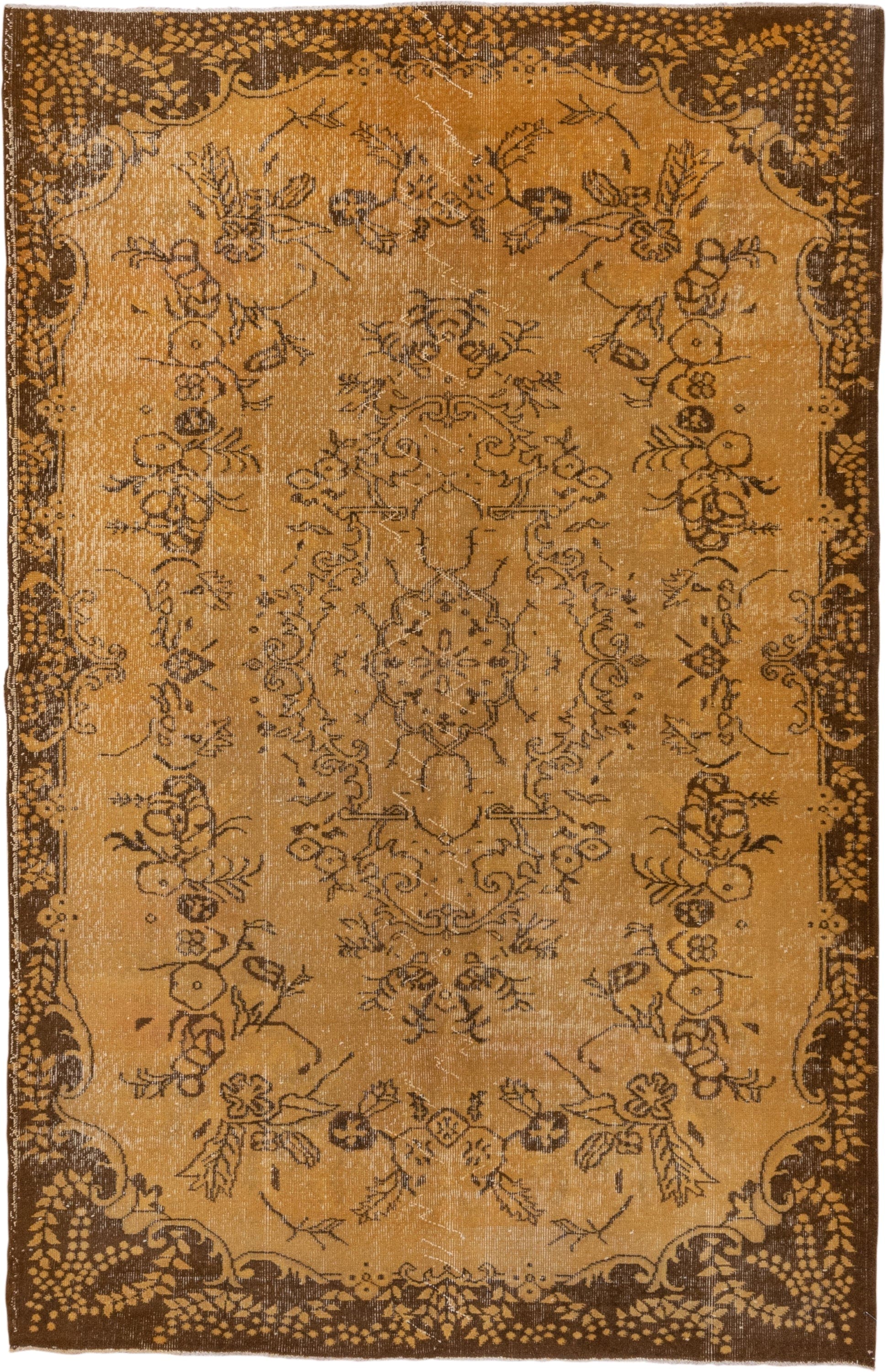 6' x 9' one-of-a-kind handmade vintage Overdyed medium size rug. Color palette: camel, brown, espresso, taupe, ivory, beige