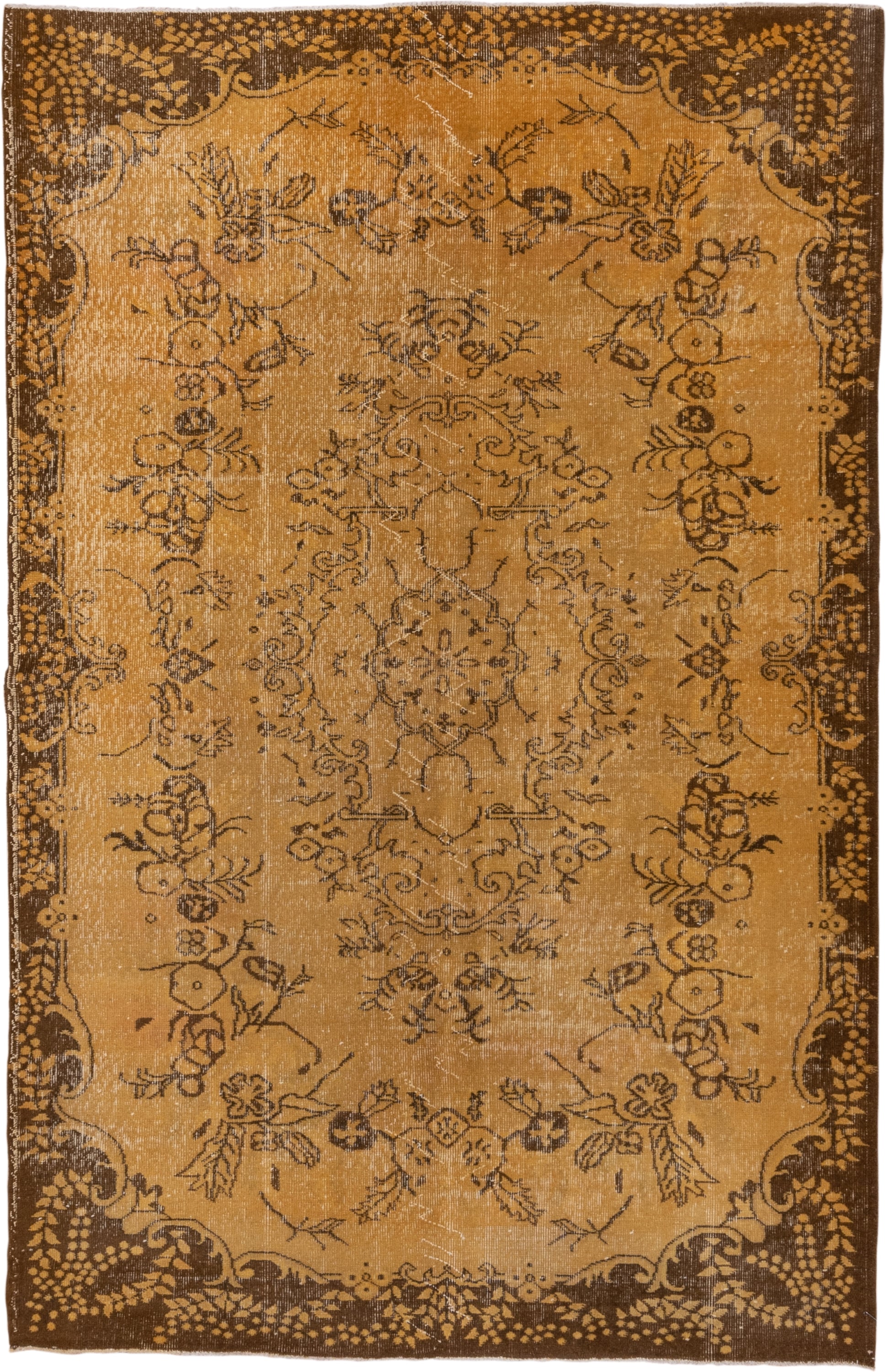 6' x 9' one-of-a-kind handmade vintage Overdyed medium size rug. Color palette: camel, brown, espresso, taupe, ivory, beige