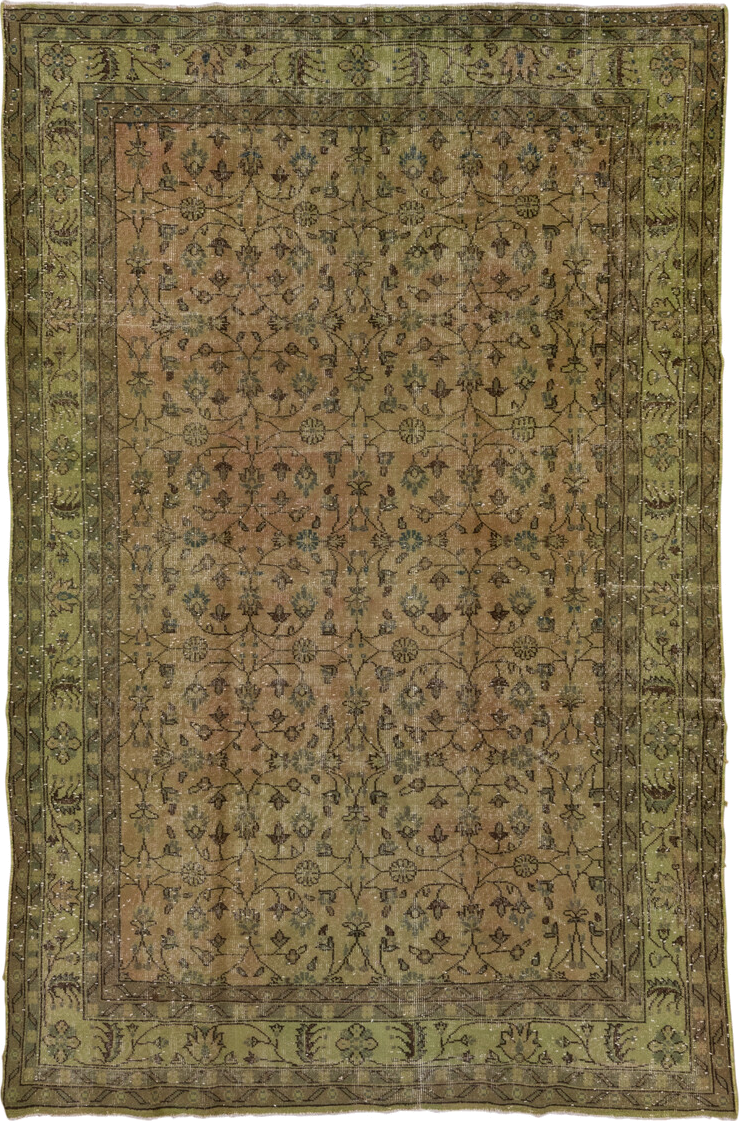 6' x 10' one-of-a-kind handmade vintage Overdyed large size rug. Color palette: olive, taupe, brown, sage, charcoal, green