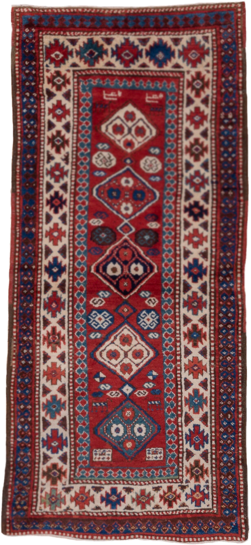 3' x 8' one-of-a-kind handmade vintage Kazak runner rug. Color palette: red, ivory, blue, rust, navy, turquoise, brown