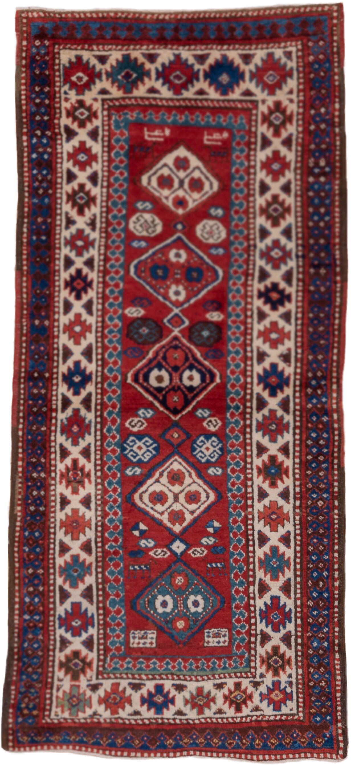 3' x 8' one-of-a-kind handmade vintage Kazak runner rug. Color palette: red, ivory, blue, rust, navy, turquoise, brown