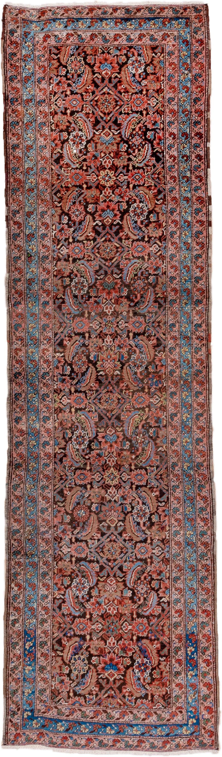3' x 13' one-of-a-kind handmade vintage Bakhshayesh runner rug. Color palette: navy, sky blue, rust, coral, ivory, rose
