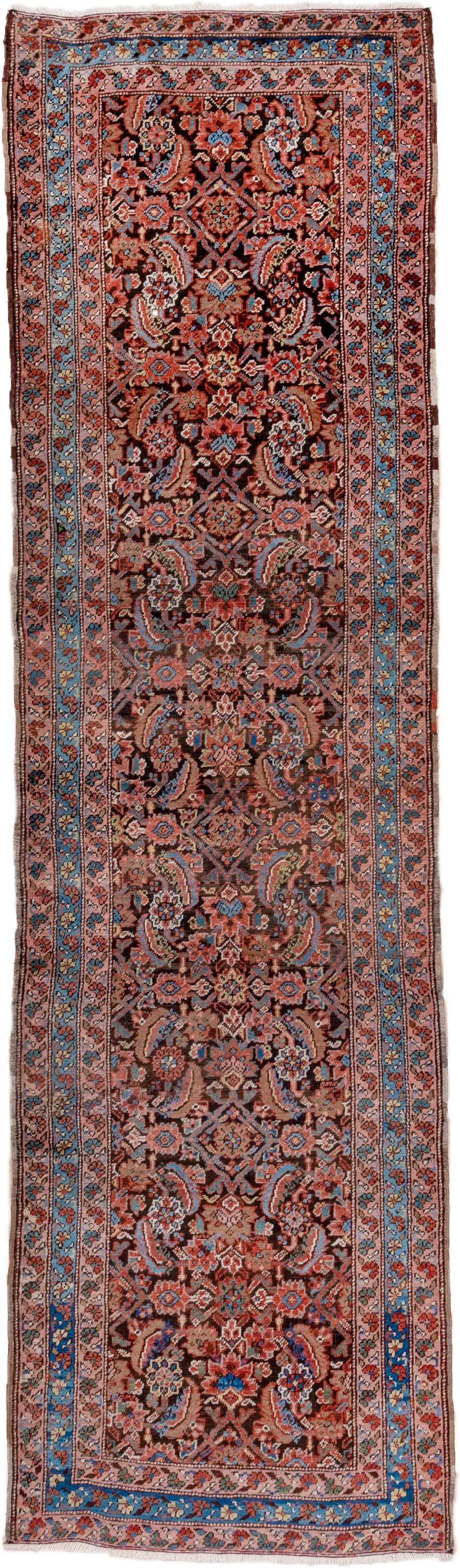 3' x 13' one-of-a-kind handmade vintage Bakhshayesh runner rug. Color palette: navy, sky blue, rust, coral, ivory, rose