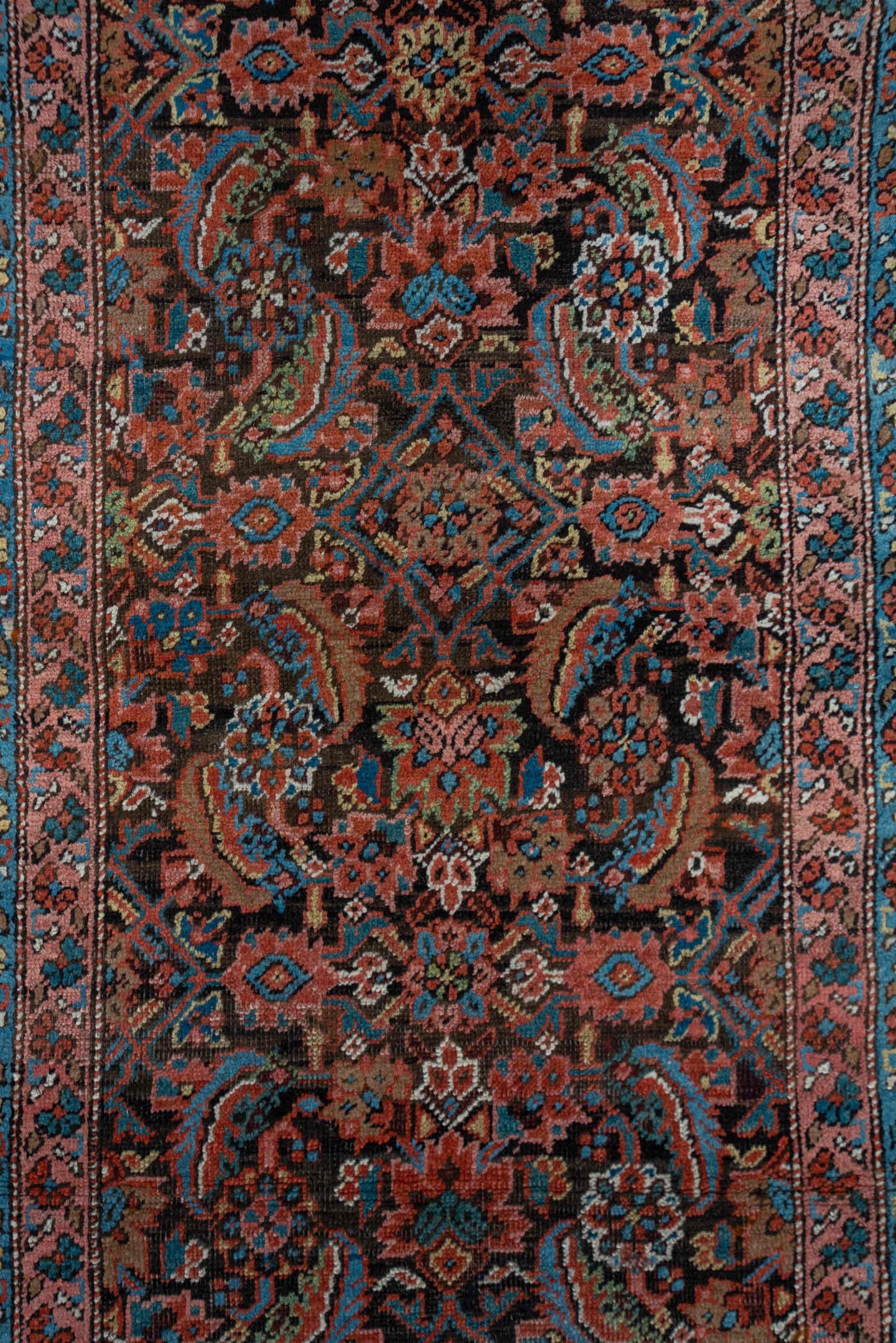 3' x 13' one-of-a-kind handmade vintage Bakhshayesh runner rug. Color palette: navy, sky blue, rust, coral, ivory, rose