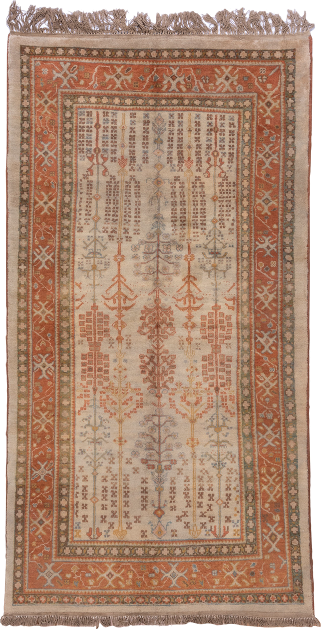 4' x 9' one-of-a-kind handmade vintage Sultanabad rug. Color palette: ivory, rust, taupe, sage, slate, camel, terra cotta