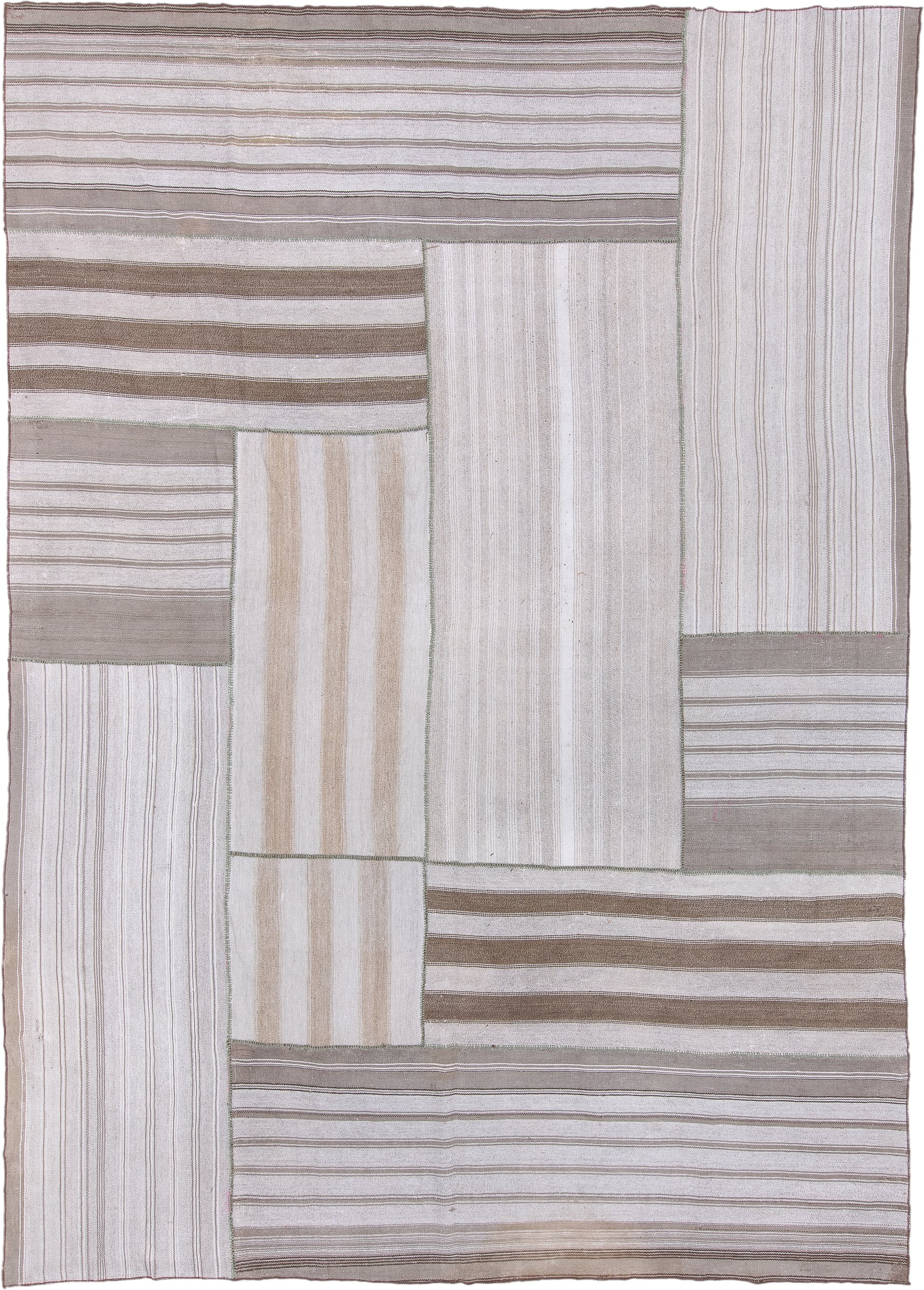 10' x 14' one-of-a-kind handmade antique Flatweave large size rug. Color palette: ivory, taupe, beige, camel, greige, gray