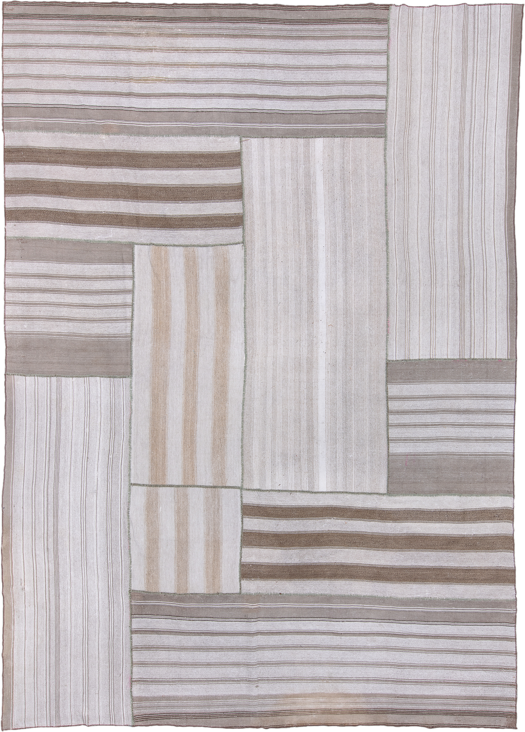 10' x 14' one-of-a-kind handmade antique Flatweave large size rug. Color palette: ivory, taupe, beige, camel, greige, gray