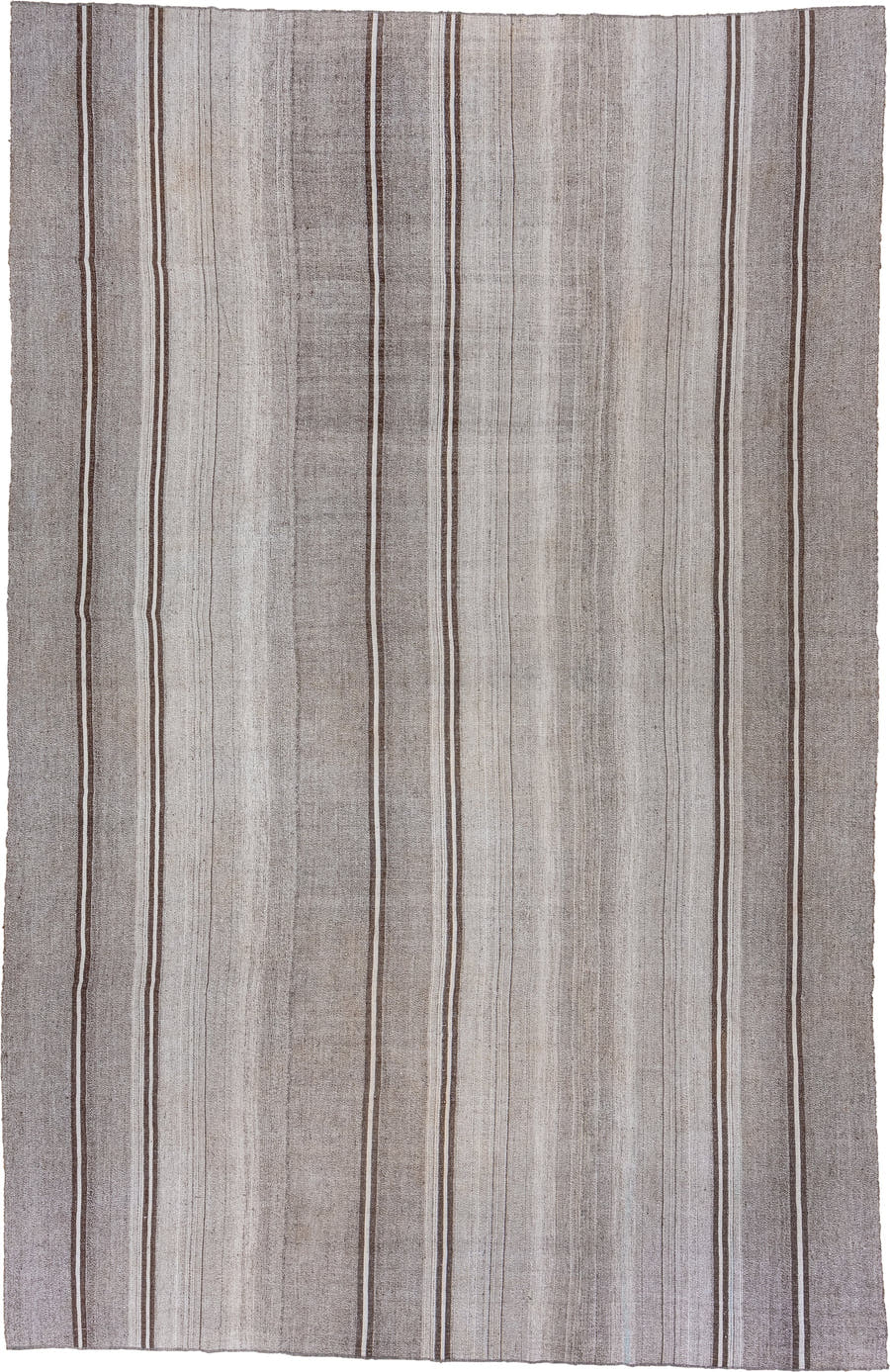 8' x 13' one-of-a-kind handmade antique Flatweave large size rug. Color palette: taupe, ivory, brown, gray, beige