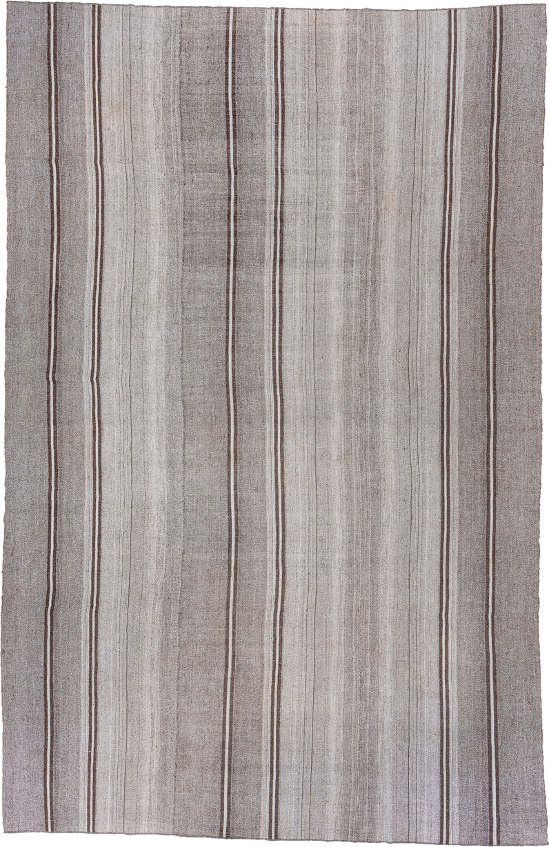 8' x 13' one-of-a-kind handmade antique Flatweave large size rug. Color palette: taupe, ivory, brown, gray, beige
