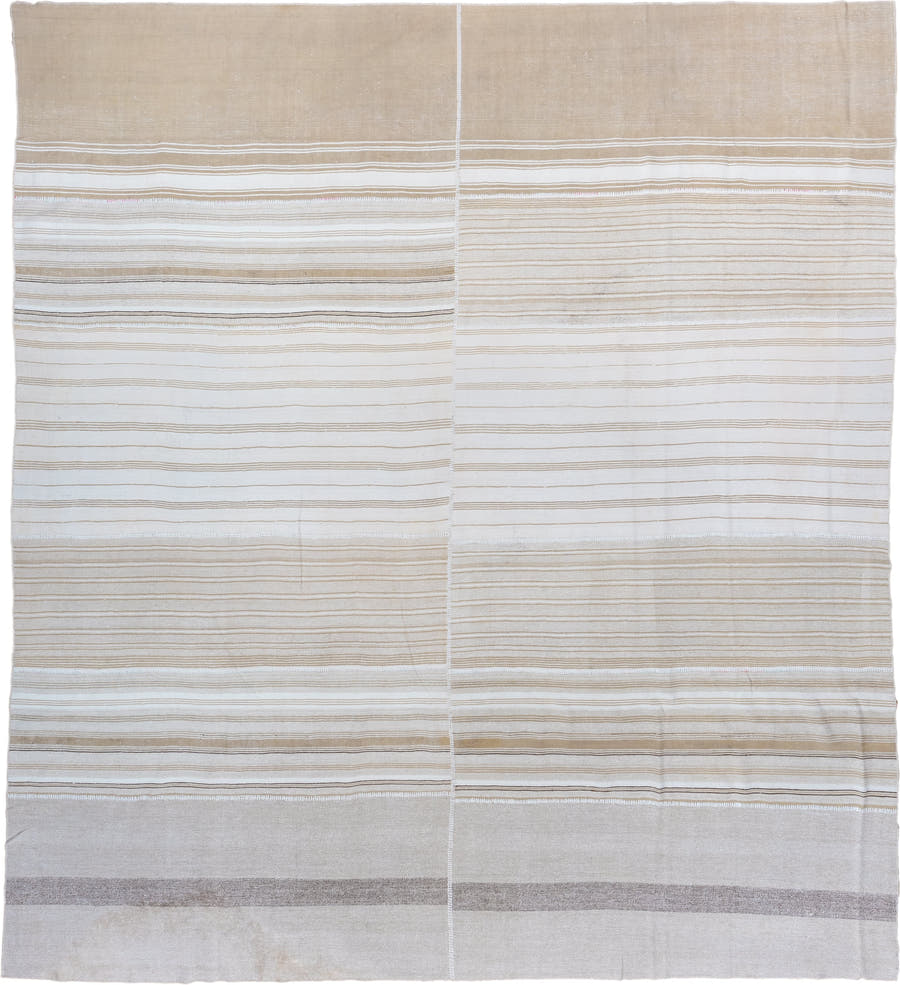 11' x 12' one-of-a-kind handmade antique Flatweave oversize rug. Color palette: ivory, beige, taupe, light brown, cream