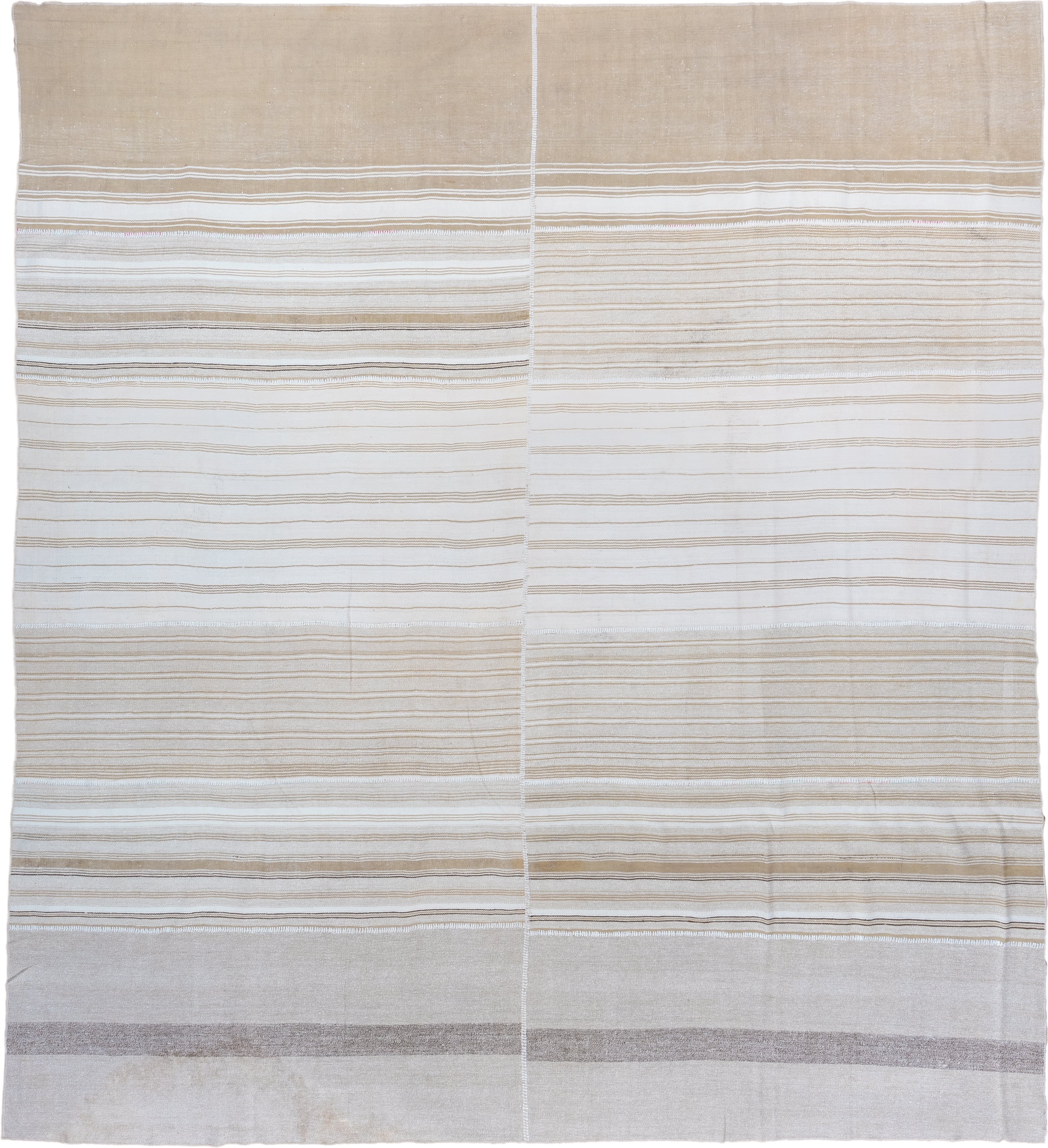 11' x 12' one-of-a-kind handmade antique Flatweave oversize rug. Color palette: ivory, beige, taupe, light brown, cream