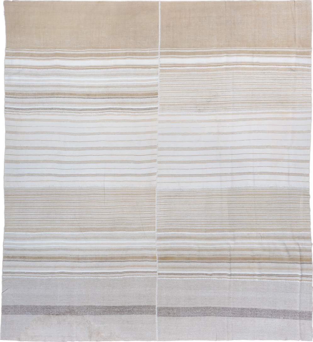 11' x 12' one-of-a-kind handmade antique Flatweave oversize rug. Color palette: ivory, beige, taupe, light brown, cream