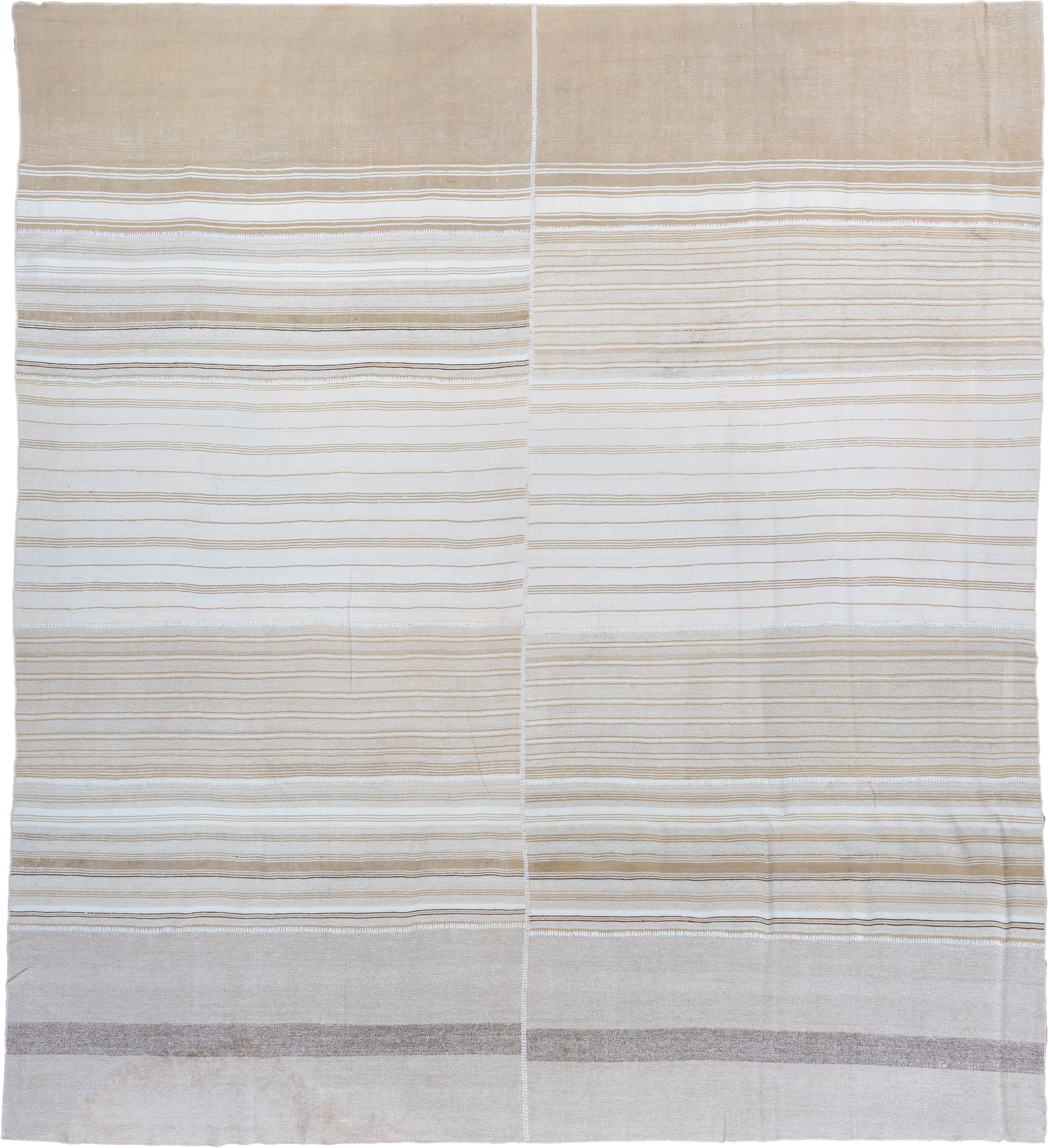 11' x 12' one-of-a-kind handmade antique Flatweave oversize rug. Color palette: ivory, beige, taupe, light brown, cream