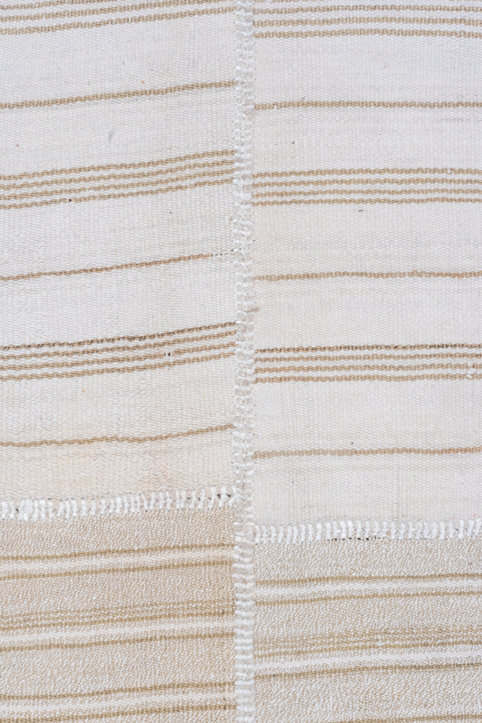 11' x 12' one-of-a-kind handmade antique Flatweave oversize rug. Color palette: ivory, beige, taupe, light brown, cream