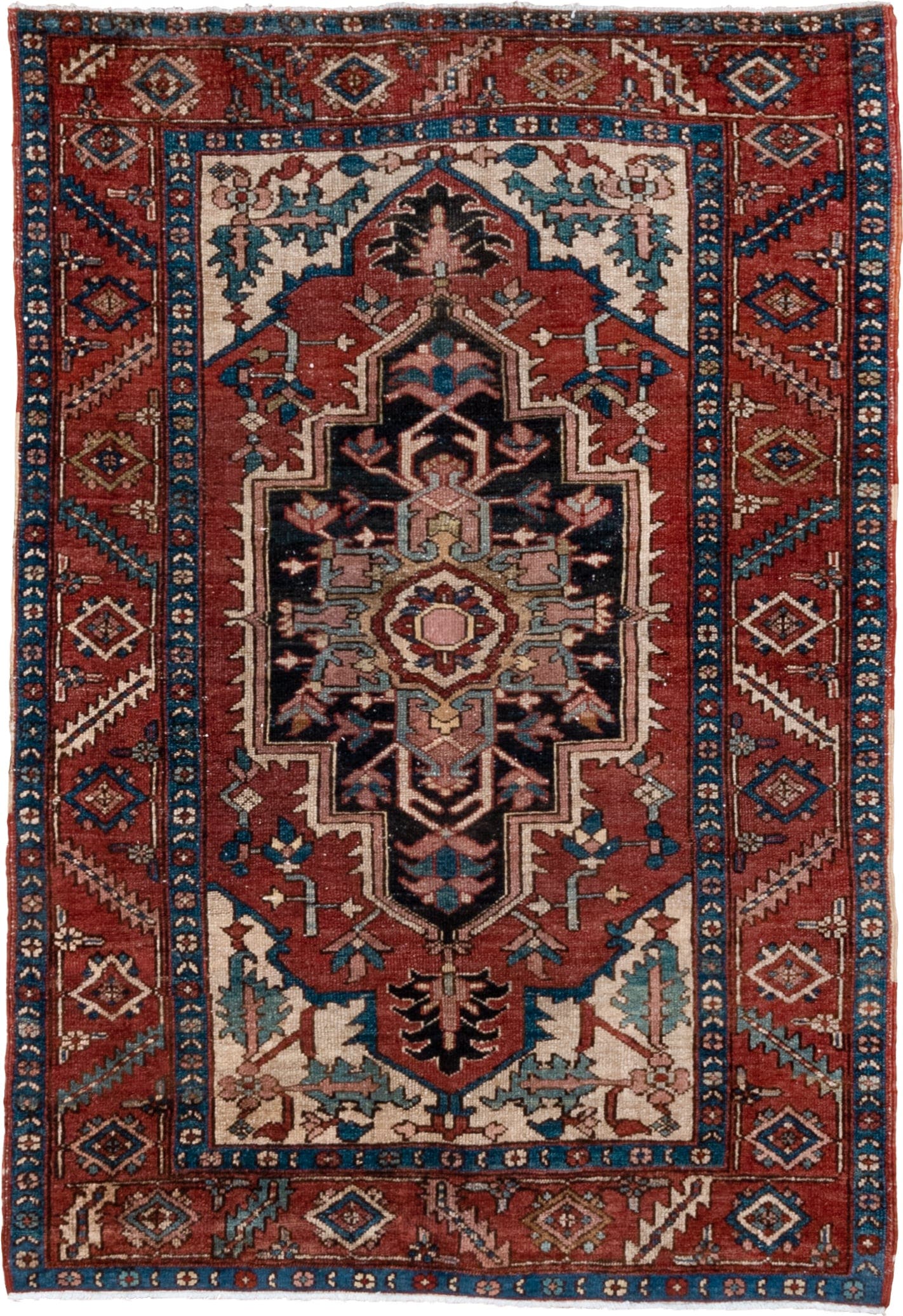 4' x 6' one-of-a-kind handmade antique Serapi small size rug. Color palette: rust, navy, ivory, teal, camel, rose, brown