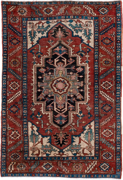 4' x 6' one-of-a-kind handmade antique Serapi small size rug. Color palette: rust, navy, ivory, teal, camel, rose, brown