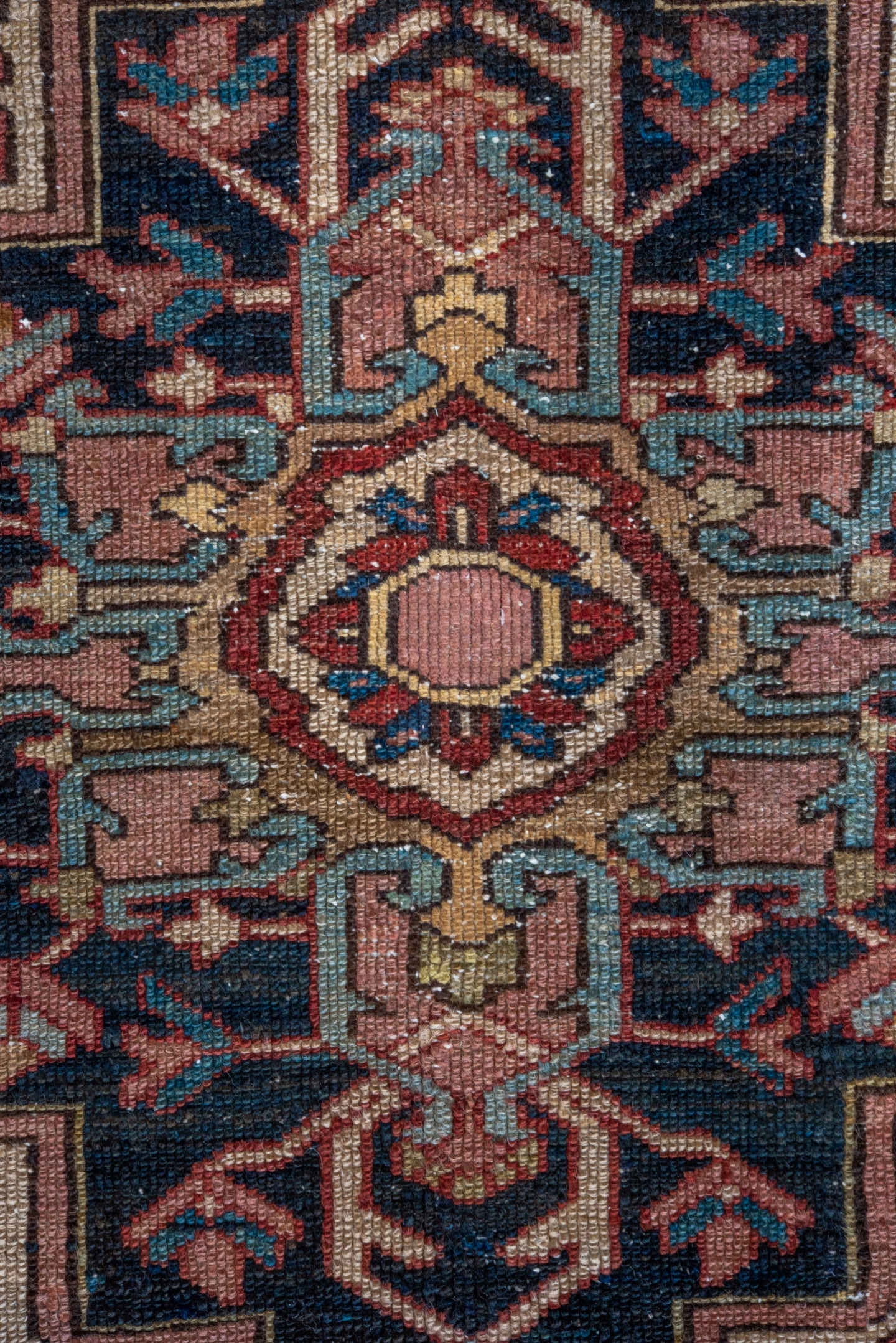 4' x 6' one-of-a-kind handmade antique Serapi small size rug. Color palette: rust, navy, ivory, teal, camel, rose, brown
