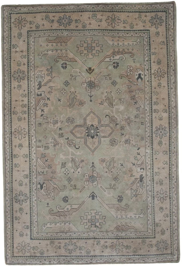 6' x 8' one-of-a-kind handmade antique Oushak medium size rug. Color palette: sage, beige, ivory, taupe, slate, blush