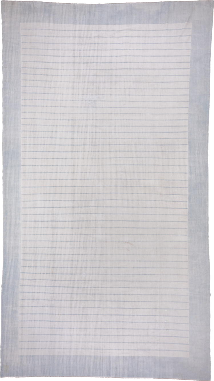 9' x 17' one-of-a-kind handmade antique Dhurrie rug. Color palette: pale blue, ivory, sky blue, light blue