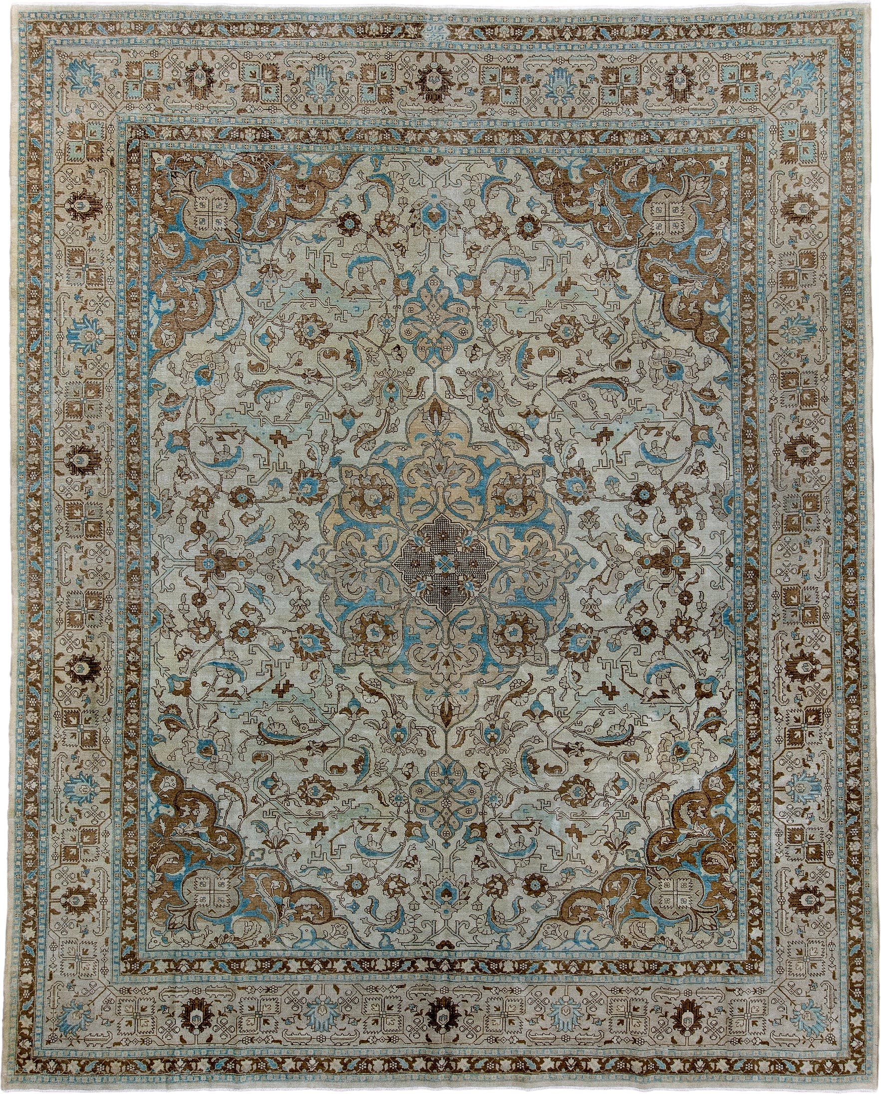 10' x 12' one-of-a-kind handmade antique Tabriz large size rug. Color palette: ivory, camel, sky_blue, taupe, brown, beige