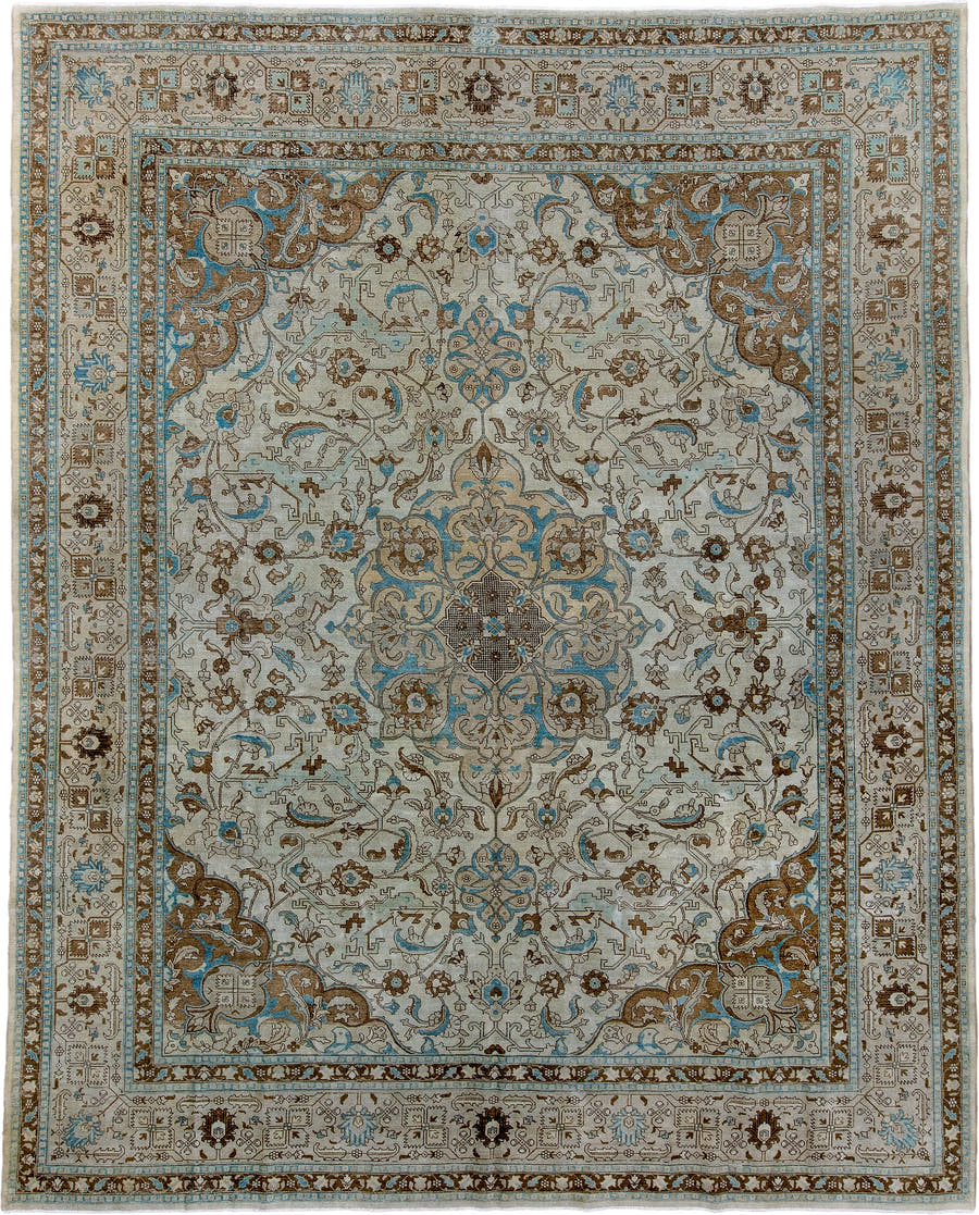 10' x 12' one-of-a-kind handmade antique Tabriz large size rug. Color palette: ivory, camel, sky_blue, taupe, brown, beige