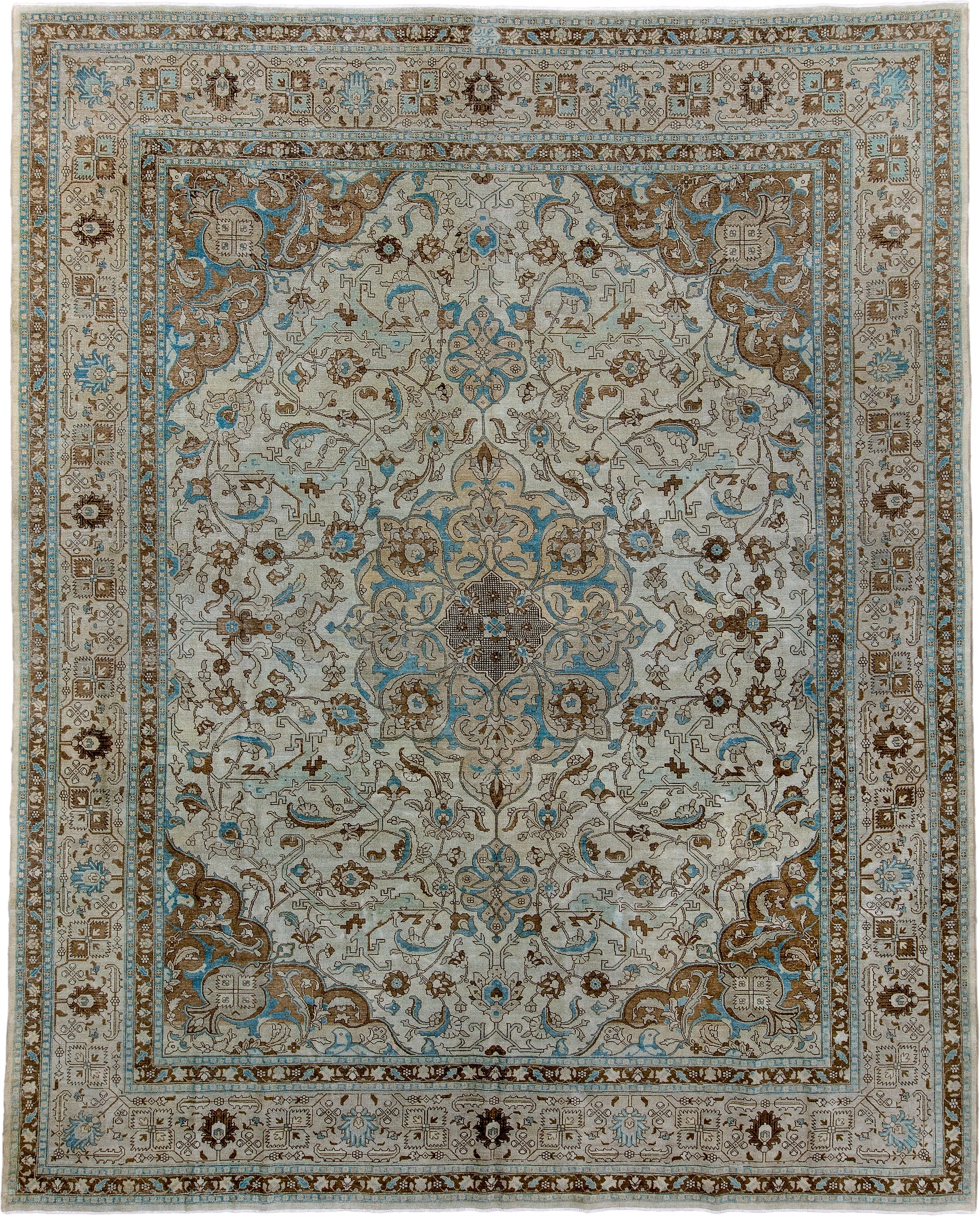 10' x 12' one-of-a-kind handmade antique Tabriz large size rug. Color palette: ivory, camel, sky_blue, taupe, brown, beige