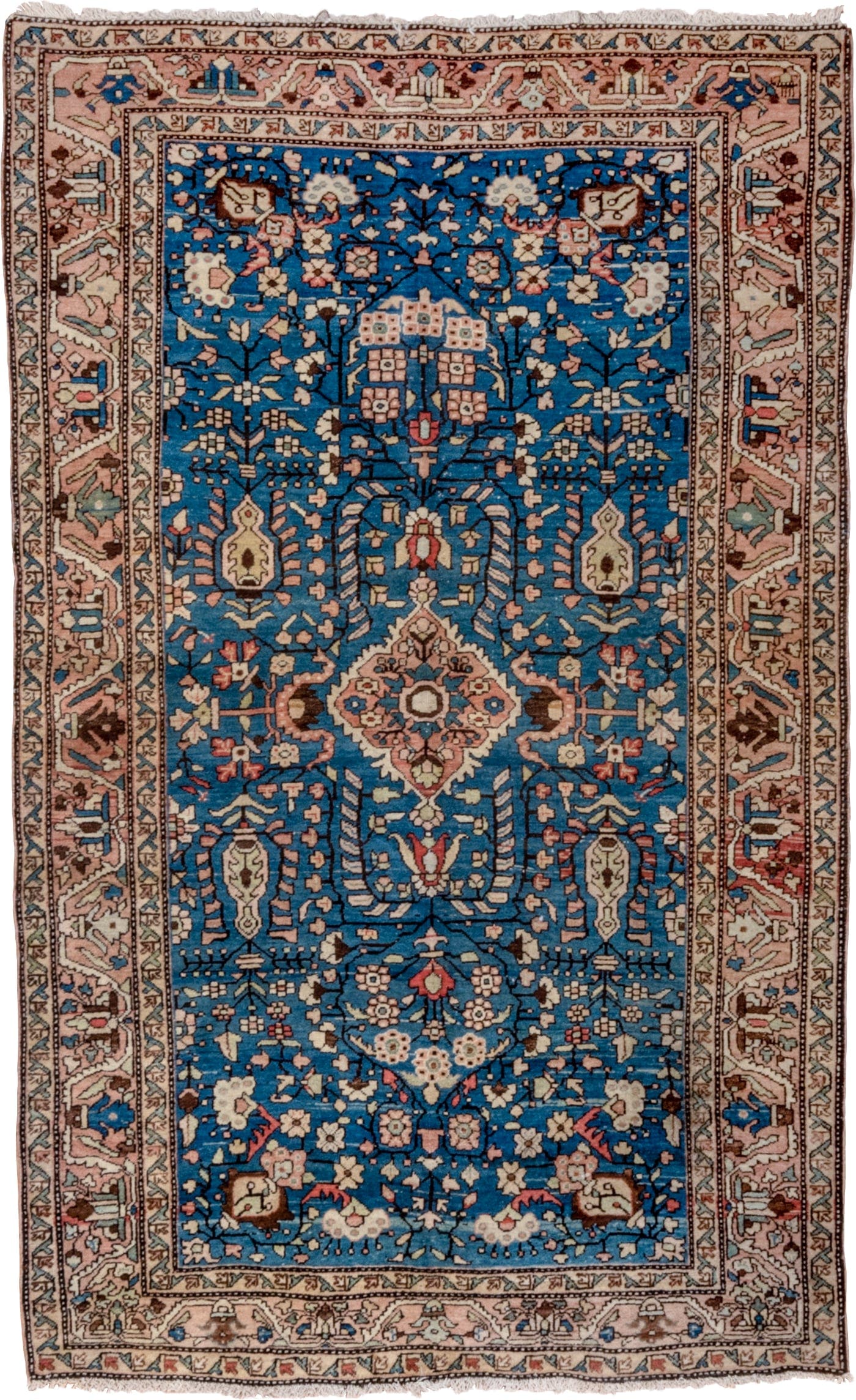 4' x 6' one-of-a-kind handmade antique Sarouk small size rug. Color palette: blue, ivory, blush, brown, coral, sage