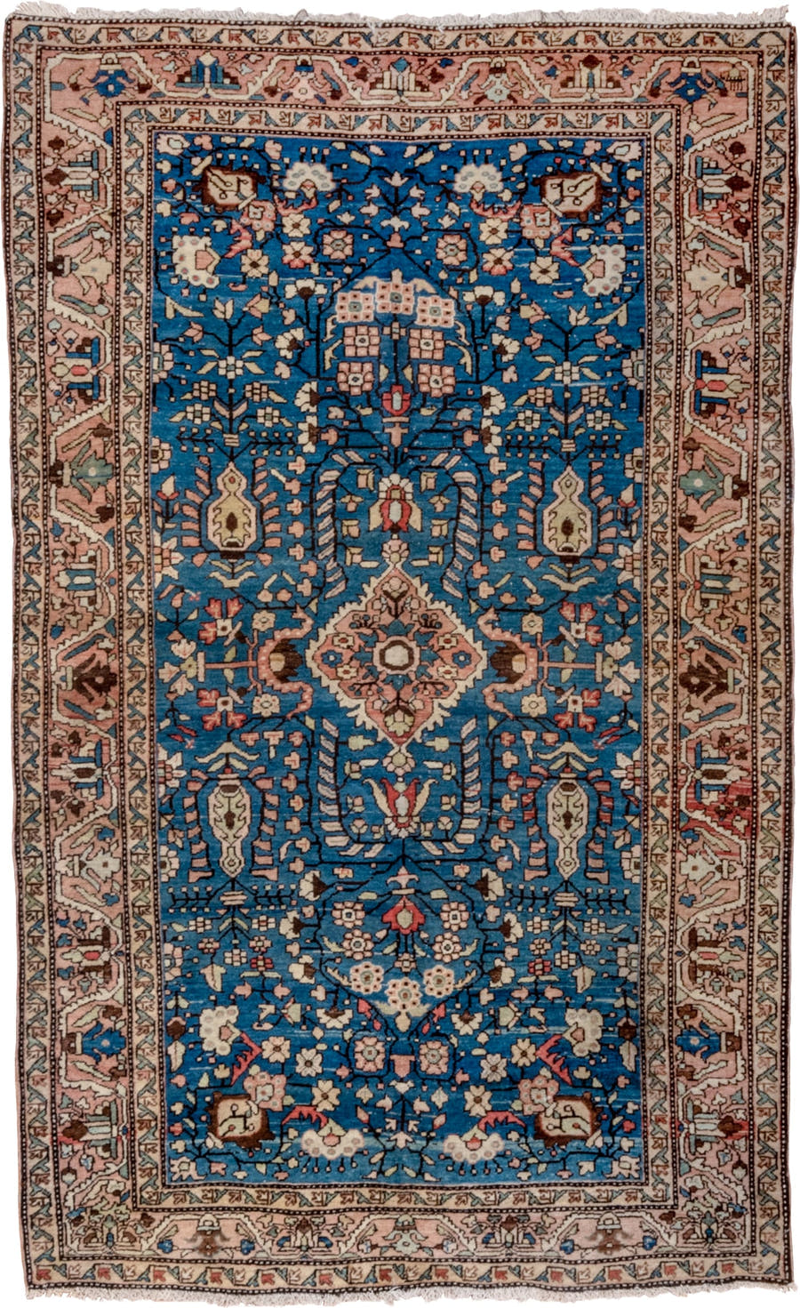 4' x 6' one-of-a-kind handmade antique Sarouk small size rug. Color palette: blue, ivory, blush, brown, coral, sage