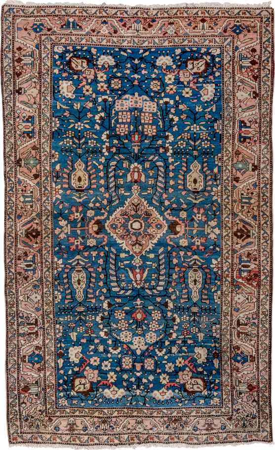 4' x 6' one-of-a-kind handmade antique Sarouk small size rug. Color palette: blue, ivory, blush, brown, coral, sage