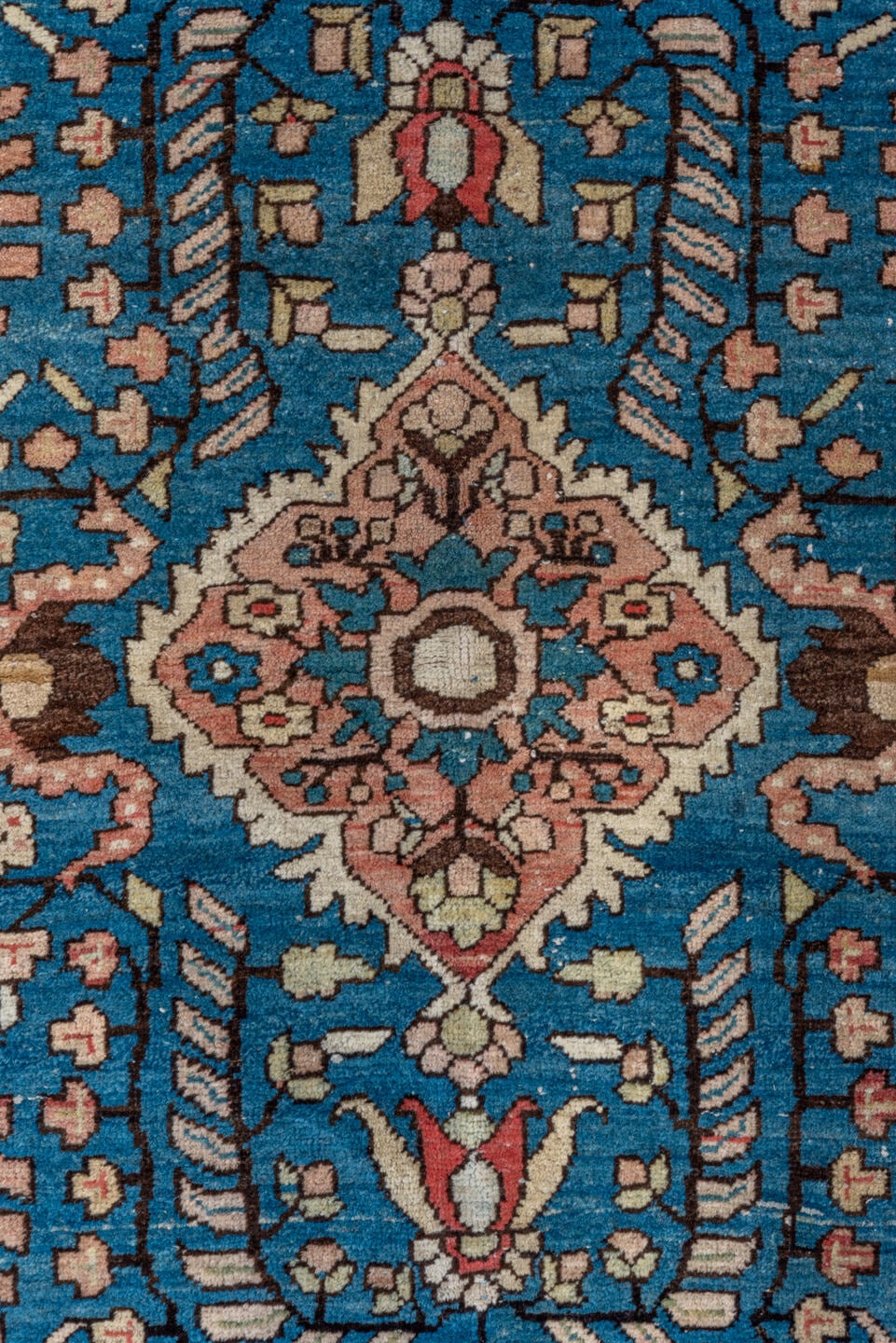 4' x 6' one-of-a-kind handmade antique Sarouk small size rug. Color palette: blue, ivory, blush, brown, coral, sage