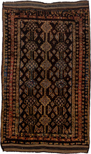 5' x 8' one-of-a-kind handmade antique Ouzbek medium size rug. Color palette: brown, camel, rust, charcoal, taupe, slate
